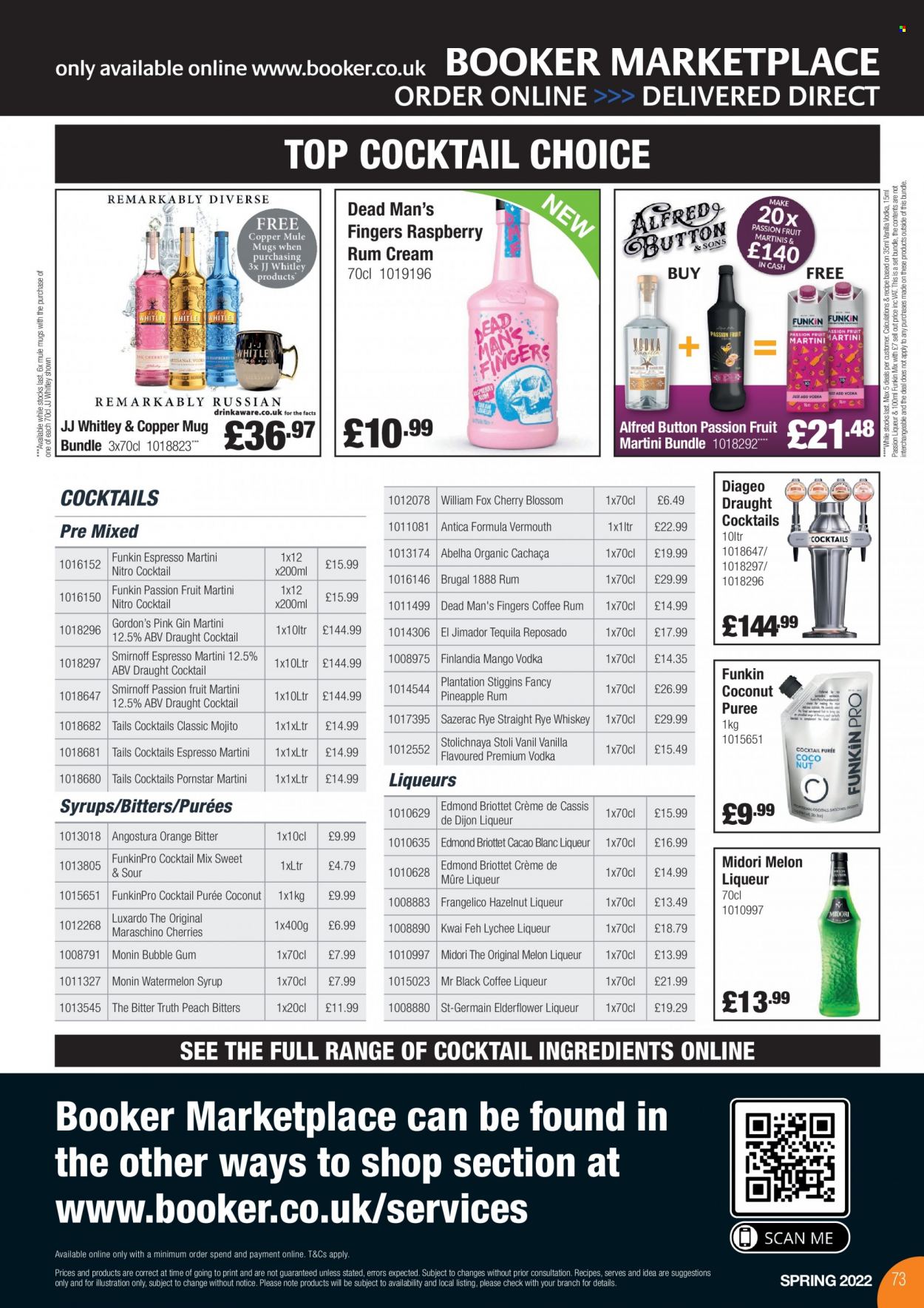 thumbnail - Makro offer  - 21/03/2022 - 31/05/2022 - Sales products - lychee, watermelon, pineapple, coconut, oranges, melons, bubblegum, Maraschino cherries, syrup, coffee, creme de cassis, Frangelico, gin, liqueur, Smirnoff, tequila, Vermouth, vodka, whiskey, Gordon's, rum, Martini, whisky, mug. Page 73.