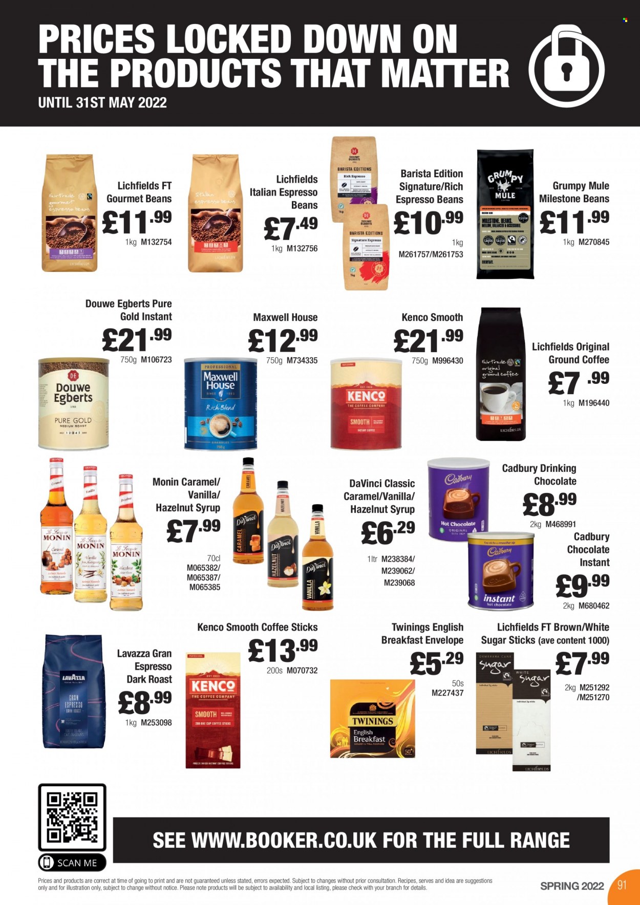 thumbnail - Makro offer  - 21/03/2022 - 31/05/2022 - Sales products - chocolate, Cadbury, sugar, caramel, syrup, hot chocolate, Maxwell House, Twinings, coffee, Douwe Egberts, ground coffee, Lavazza, envelope. Page 91.