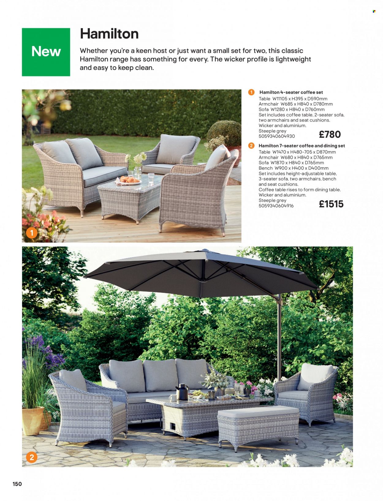 thumbnail - B&Q offer  - Sales products - cushion, dining set, dining table, table, bench, arm chair, sofa, coffee table. Page 150.