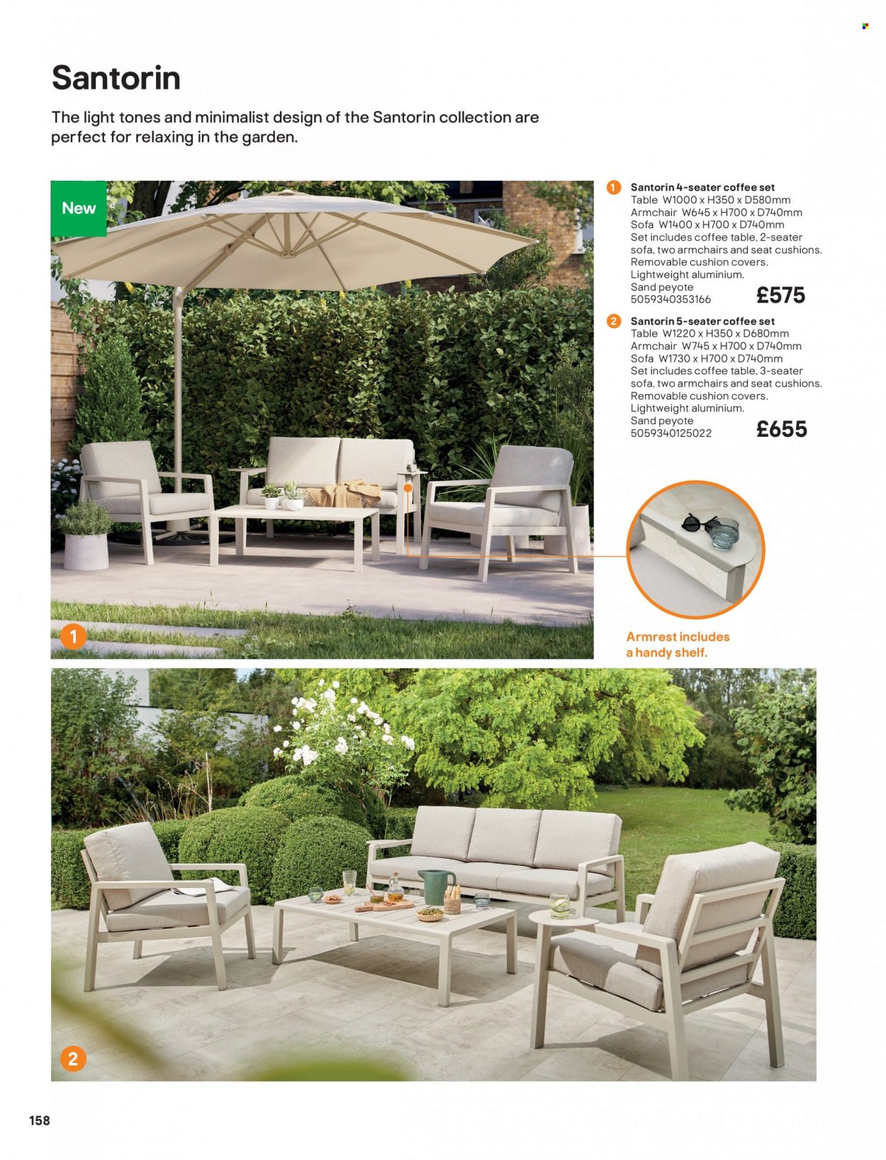 thumbnail - B&Q offer  - Sales products - cushion, table, arm chair, sofa, coffee table, shelves. Page 158.