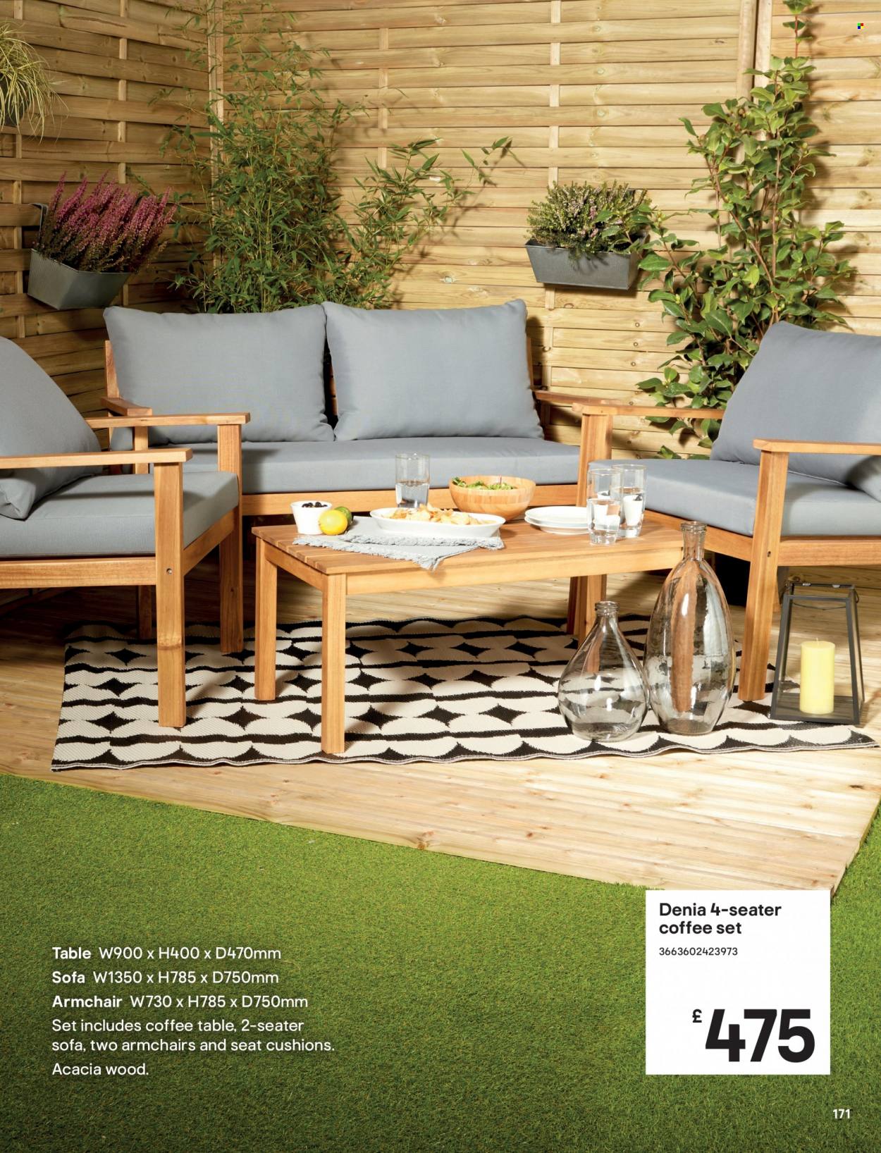 thumbnail - B&Q offer  - Sales products - cushion, table, arm chair, sofa, coffee table. Page 171.