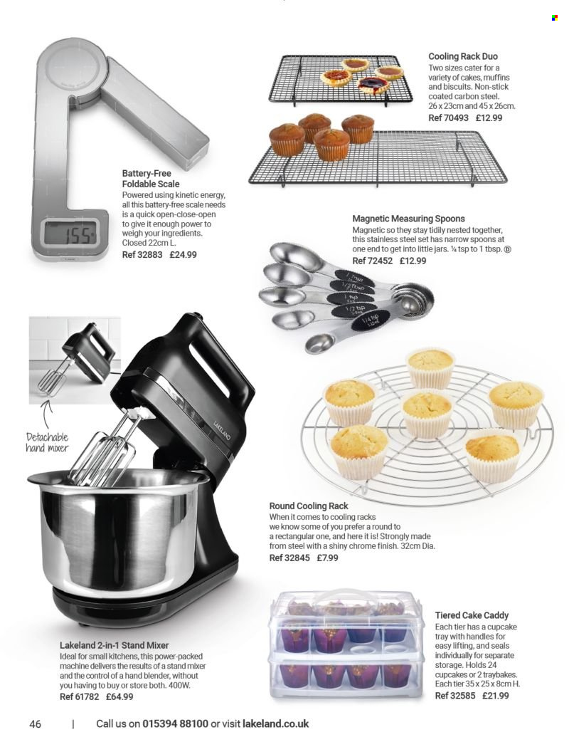 thumbnail - Lakeland offer  - Sales products - muffin, cake, biscuit, spoon, scale, jar, mixer, stand mixer, hand mixer, hand blender. Page 46.