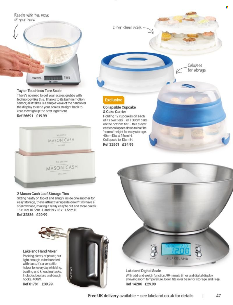 thumbnail - Lakeland offer  - Sales products - cupcake, cake, scale, bowl, cake carrier, mixer, hand mixer. Page 47.