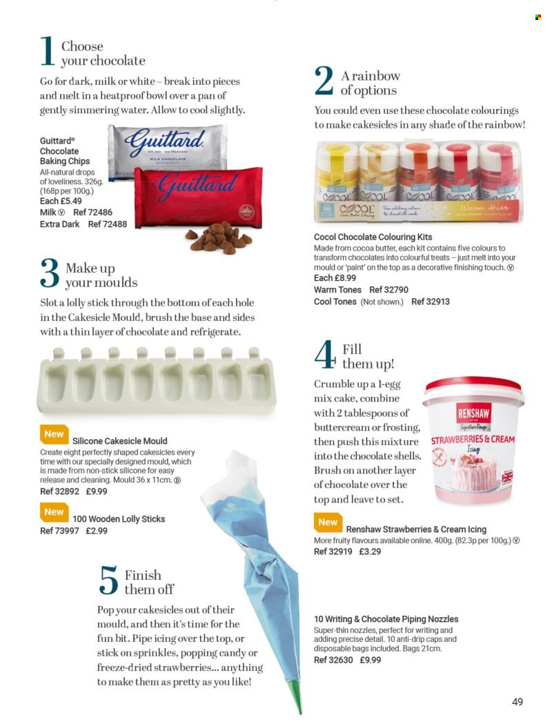 thumbnail - Lakeland offer  - Sales products - cake, lollipop, frosting, baking chips, pan, bowl, Candy, pipe. Page 49.