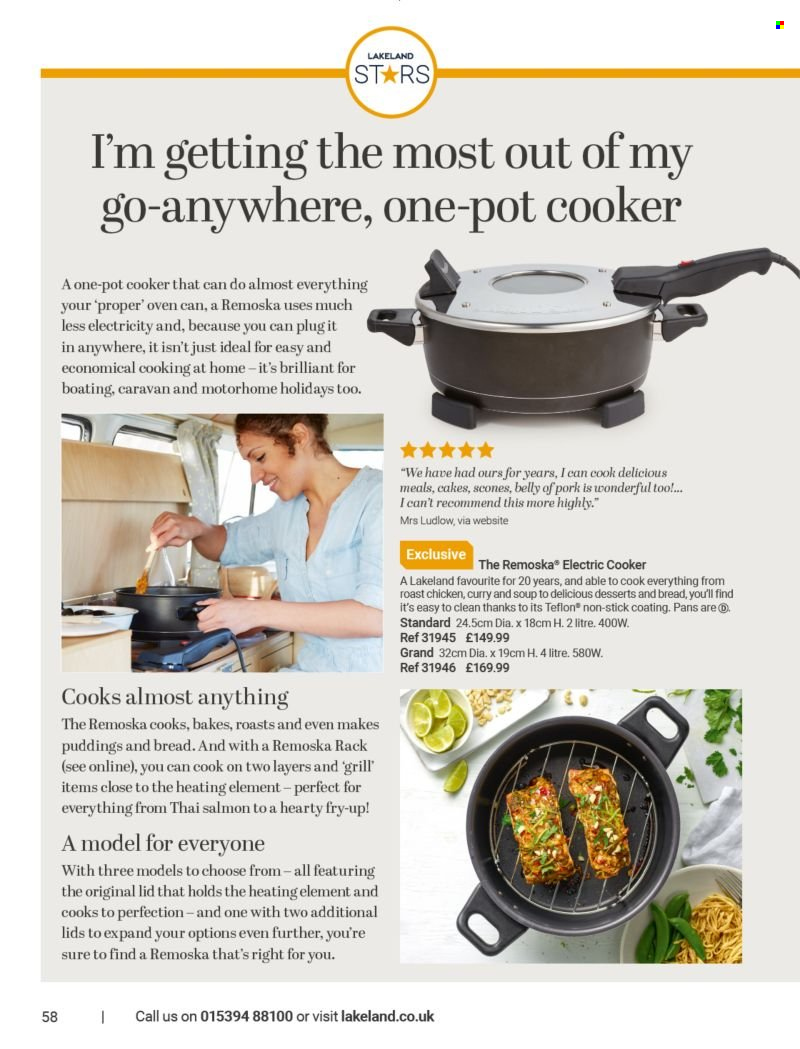 thumbnail - Lakeland offer  - Sales products - cake, lid, pot, electric cooker. Page 58.