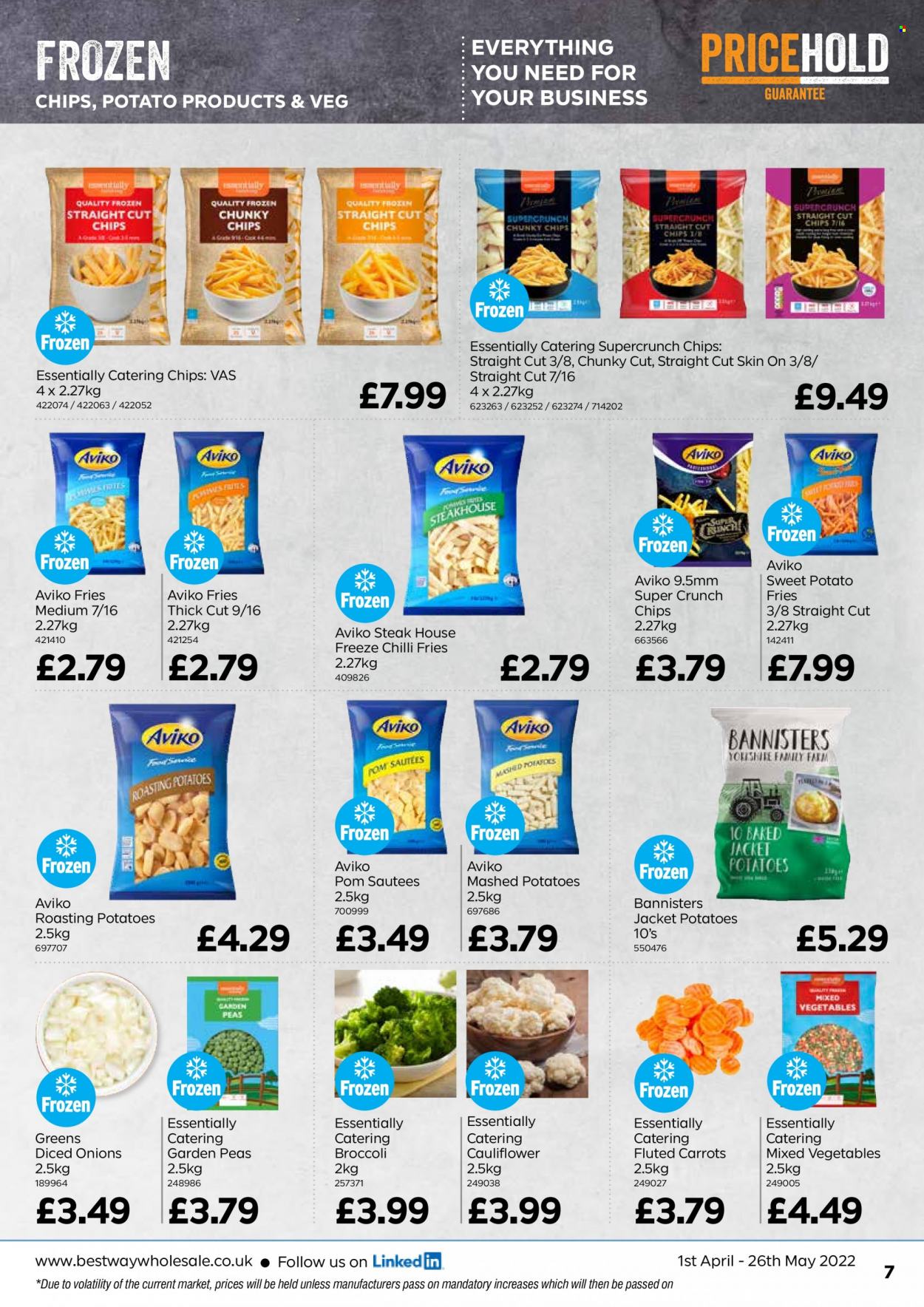 thumbnail - Bestway offer  - 01/04/2022 - 26/05/2022 - Sales products - broccoli, carrots, sweet potato, peas, onion, steak, mashed potatoes, mixed vegetables, frozen chips, sweet potato fries. Page 7.