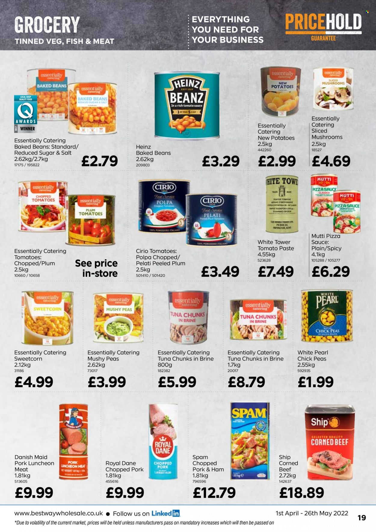thumbnail - Bestway offer  - 01/04/2022 - 26/05/2022 - Sales products - beans, potatoes, peas, beef meat, tuna, fish, sauce, ham, Spam, lunch meat, corned beef, tomato paste, Heinz, baked beans. Page 19.