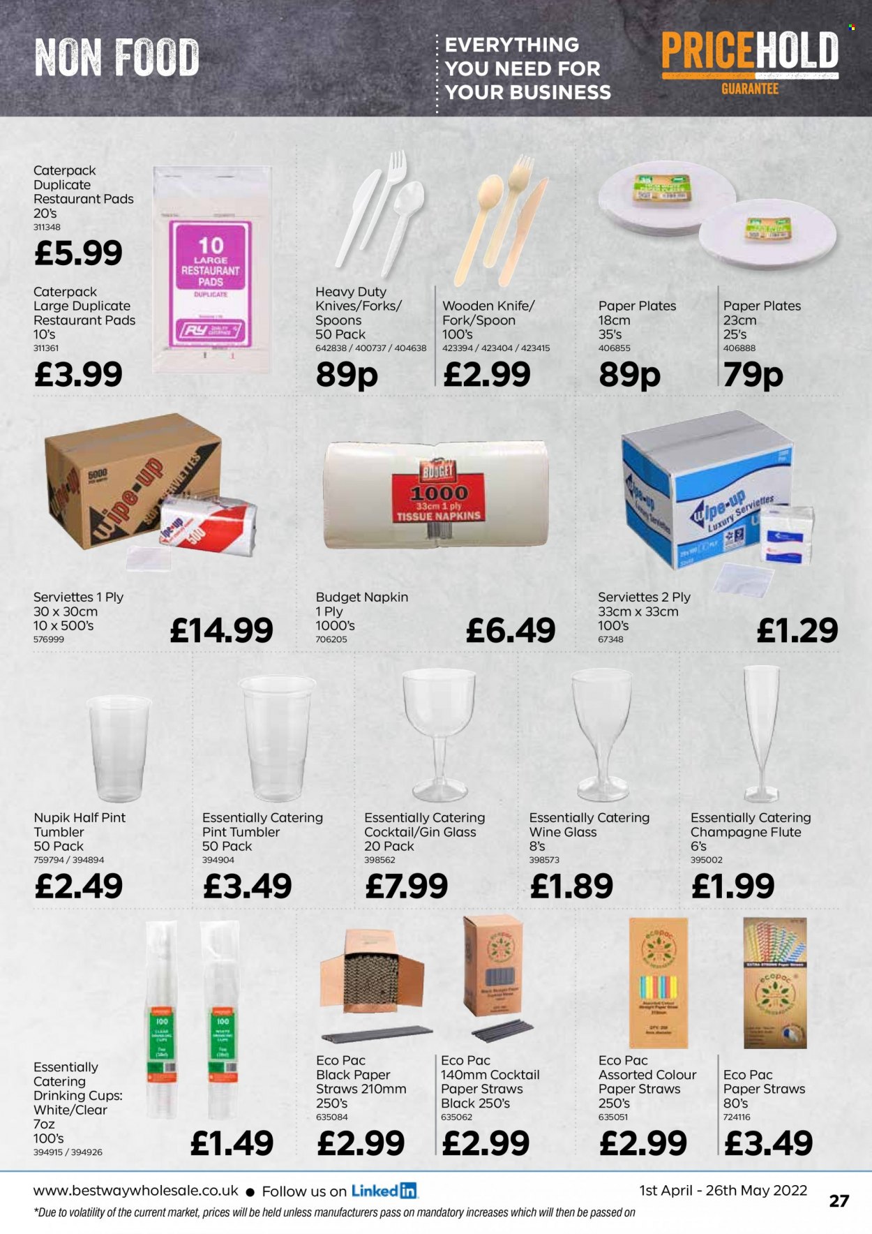 thumbnail - Bestway offer  - 01/04/2022 - 26/05/2022 - Sales products - gin, napkins, knife, fork, spoon, tumbler, wine glass, champagne flute, plate, cup, straw, paper, paper plate. Page 27.