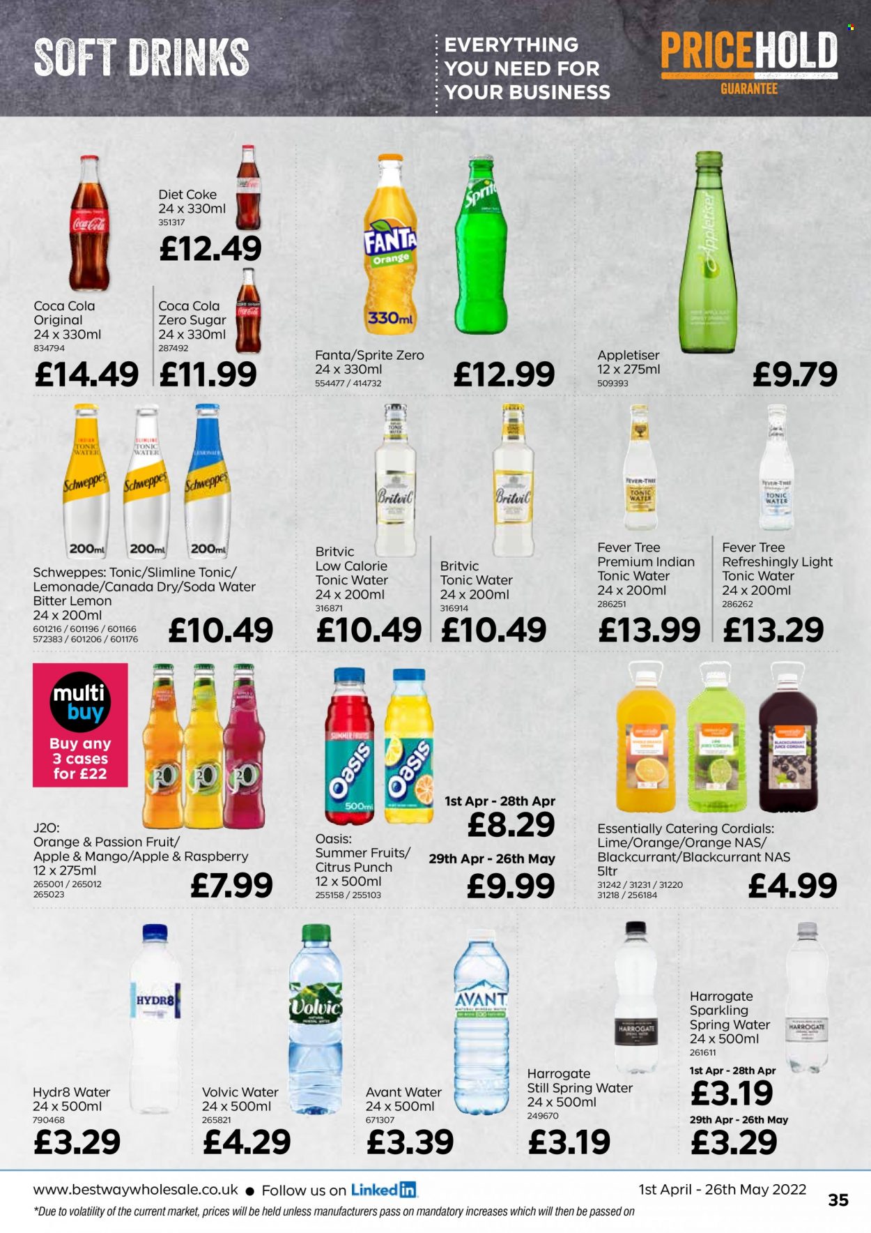 thumbnail - Bestway offer  - 01/04/2022 - 26/05/2022 - Sales products - oranges, Canada Dry, Coca-Cola, lemonade, Schweppes, Sprite, Fanta, Coca-Cola zero, tonic, Diet Coke, soft drink, Volvic, fruit punch, spring water, soda. Page 35.