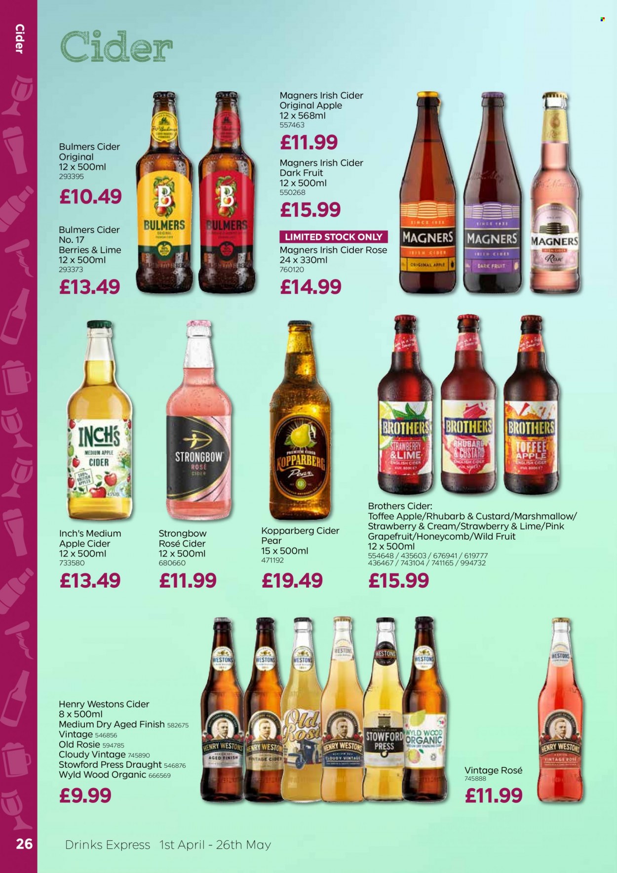 thumbnail - Bestway offer  - 01/04/2022 - 26/05/2022 - Sales products - Bulmers, Kopparberg, peas, grapefruits, pears, marshmallows, toffee, wine, rosé wine, apple cider, Ron Pelicano, BROTHERS, cider. Page 26.