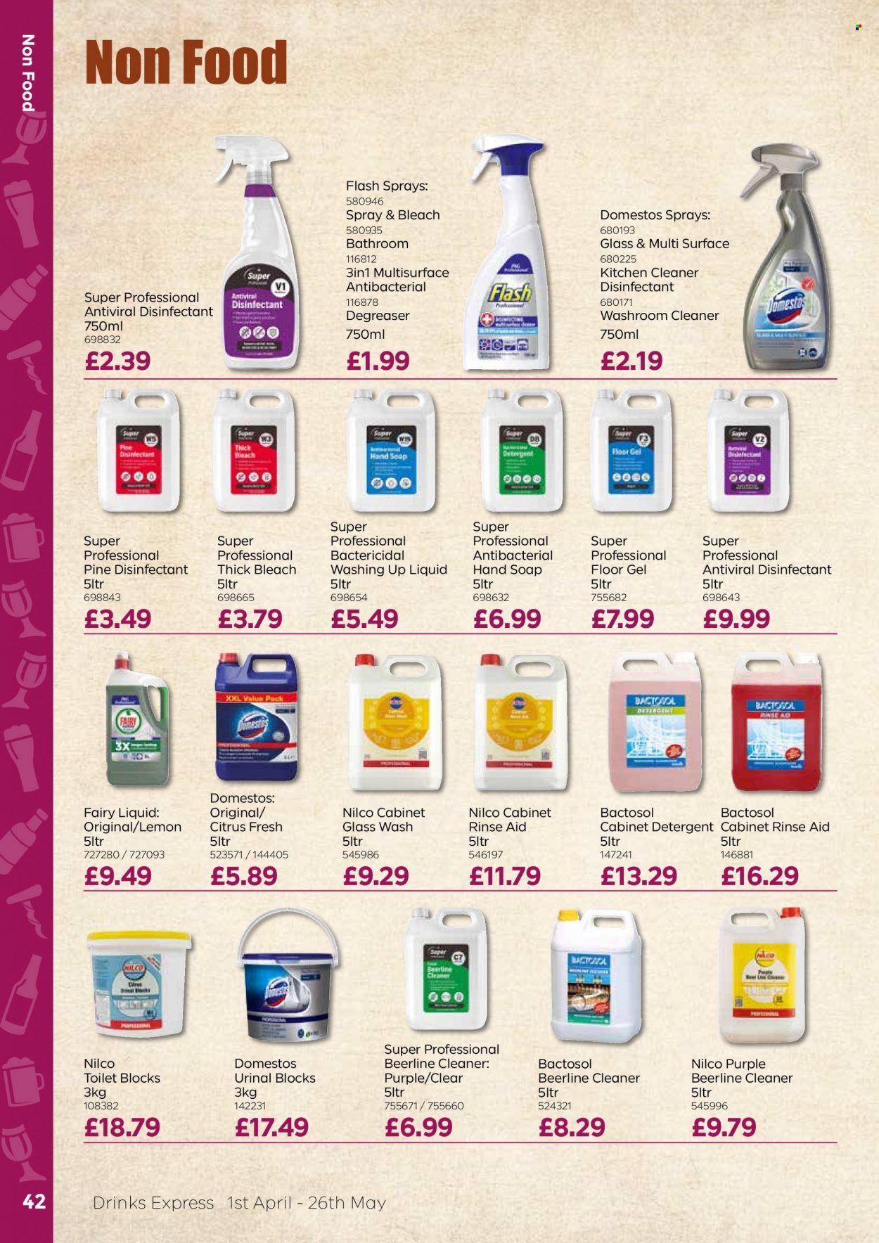thumbnail - Bestway offer  - 01/04/2022 - 26/05/2022 - Sales products - detergent, Domestos, cleaner, bleach, desinfection, Fairy, thick bleach, dishwashing liquid, hand soap, soap. Page 42.