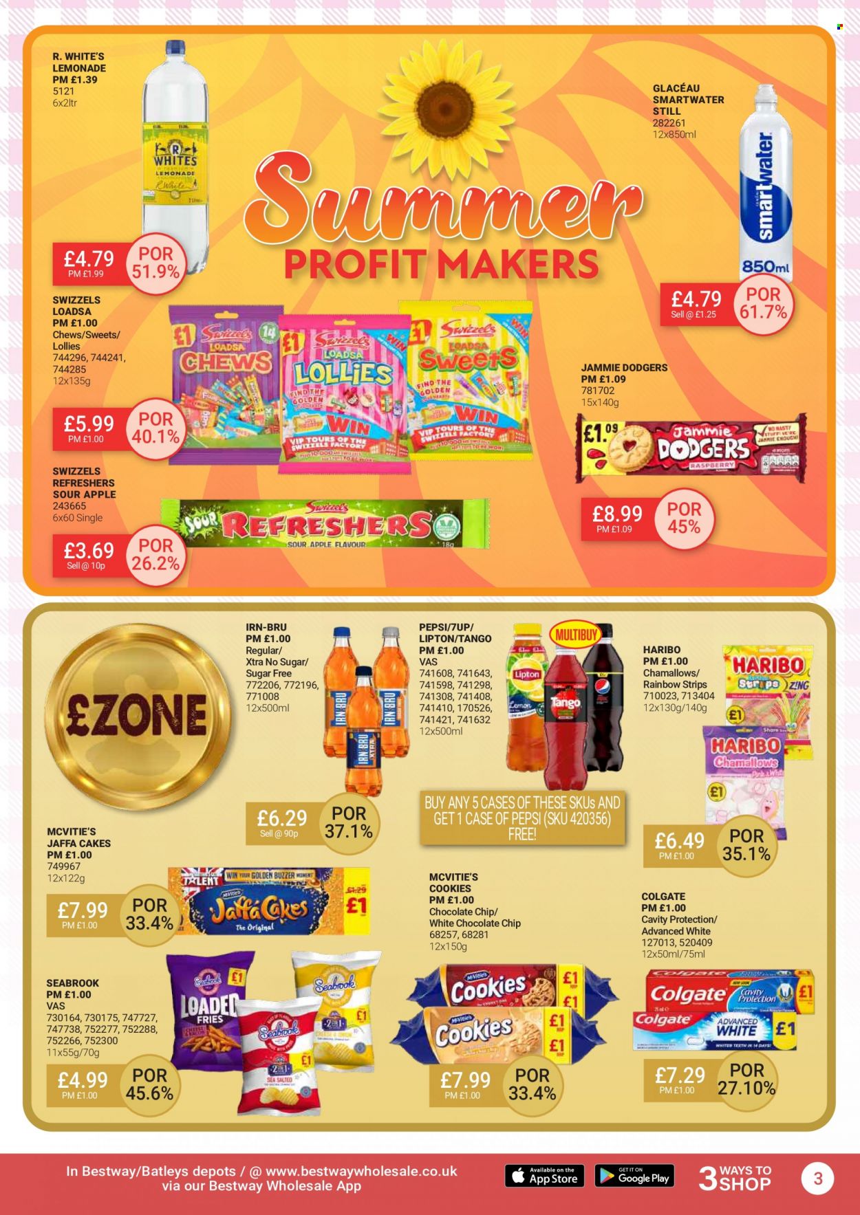 thumbnail - Bestway offer  - 29/04/2022 - 26/05/2022 - Sales products - cake, strips, cookies, white chocolate, chewing gum, Haribo, Swizzels, lemonade, Pepsi, Lipton, 7UP, Smartwater, XTRA, Colgate. Page 3.