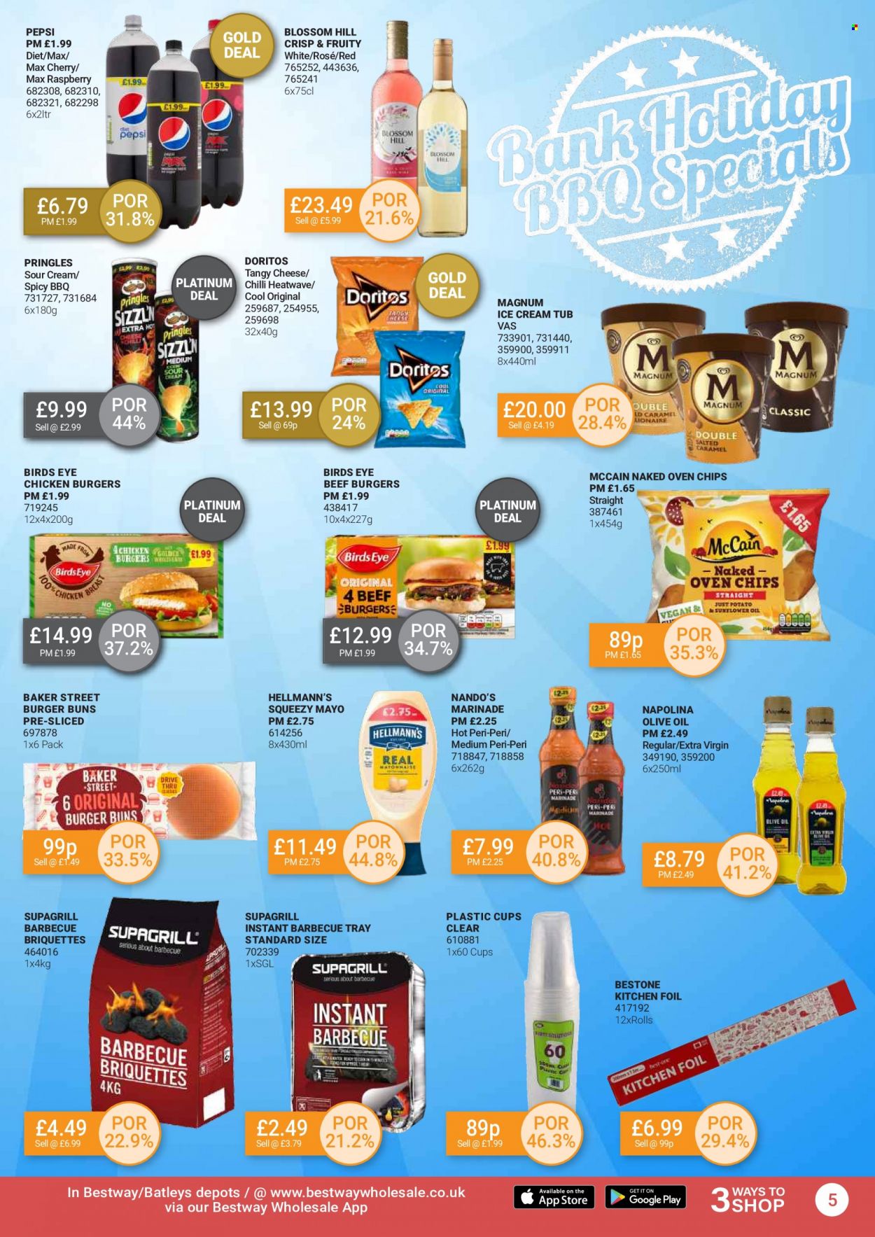 thumbnail - Bestway offer  - 29/04/2022 - 26/05/2022 - Sales products - cherries, buns, burger buns, Bird's Eye, beef burger, cheese, sour cream, mayonnaise, Hellmann’s, Magnum, ice cream, McCain, frozen chips, Doritos, Pringles, marinade, extra virgin olive oil, olive oil, oil, Pepsi, wine, rosé wine, tray, cup, kitchen foil. Page 5.