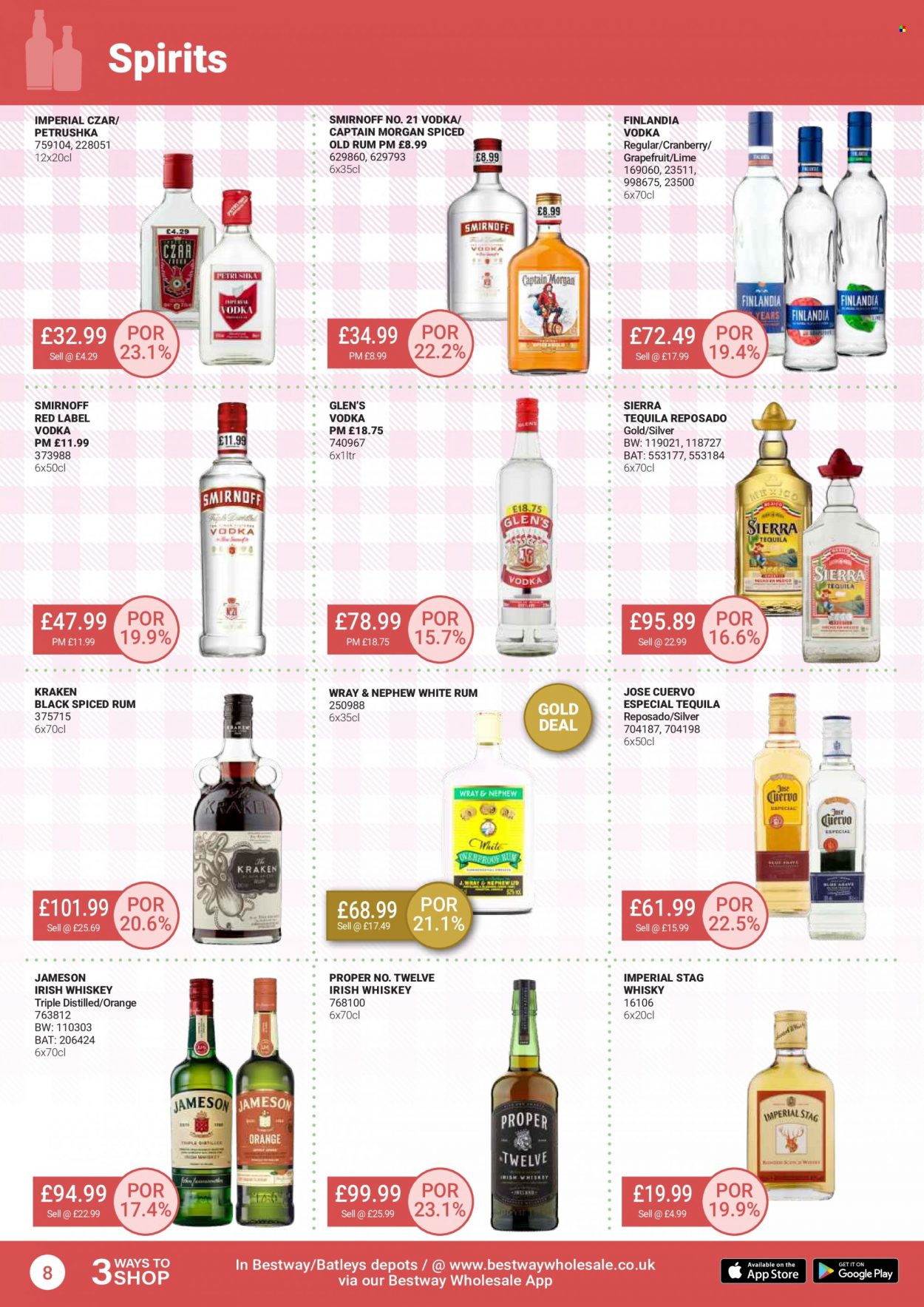 thumbnail - Bestway offer  - 29/04/2022 - 26/05/2022 - Sales products - grapefruits, oranges, Captain Morgan, Smirnoff, spiced rum, tequila, vodka, whiskey, irish whiskey, Jameson, rum, whisky. Page 8.