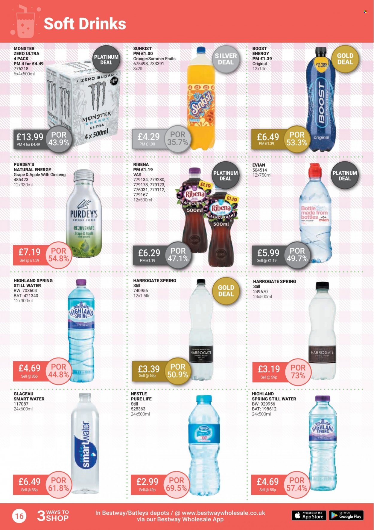 thumbnail - Bestway offer  - 29/04/2022 - 26/05/2022 - Sales products - oranges, Nestlé, soft drink, Monster, mineral water, bottled water, Smartwater, Evian, Boost, ginseng. Page 16.