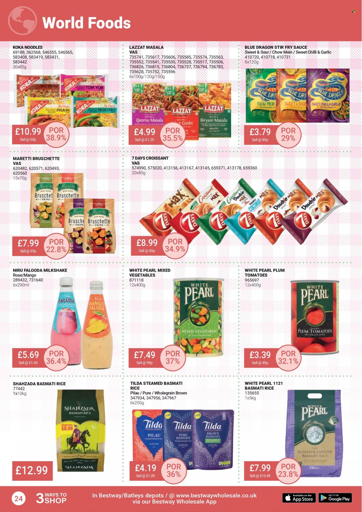 thumbnail - Bestway offer  - 29/04/2022 - 26/05/2022 - Sales products - tomatoes, croissant, prawns, noodles, milkshake, mixed vegetables, 7 Days, chips, basmati rice, rice, tomato juice, rosé wine. Page 24.