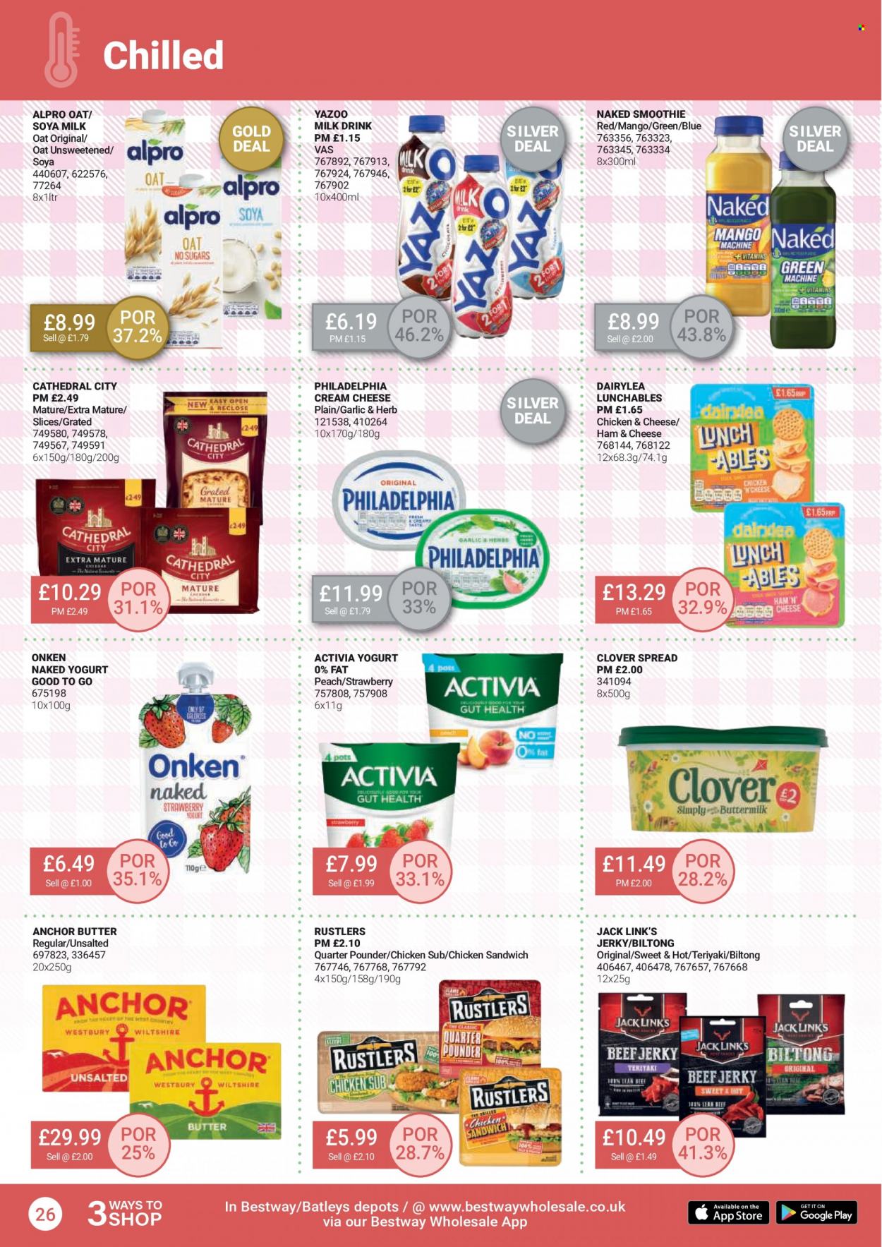 thumbnail - Bestway offer  - 29/04/2022 - 26/05/2022 - Sales products - mango, sandwich, Alpro, Lunchables, ham, jerky, cream cheese, Philadelphia, yoghurt, Clover, Activia, milk, butter, Anchor, Jack Link's, oats, smoothie. Page 26.