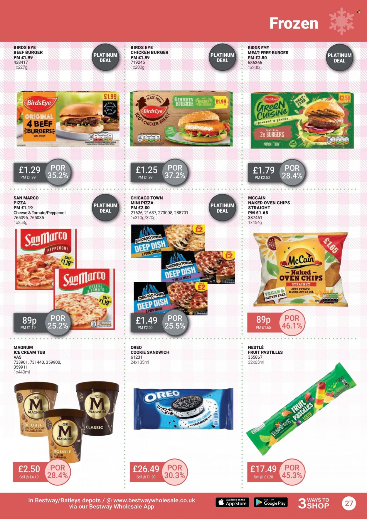 thumbnail - Bestway offer  - 29/04/2022 - 26/05/2022 - Sales products - onion, hamburger, pizza, sandwich, Bird's Eye, beef burger, pepperoni, Oreo, Magnum, ice cream, McCain, frozen chips, biscuit, Nestlé, lollipop, pastilles, sunflower oil, oil. Page 27.