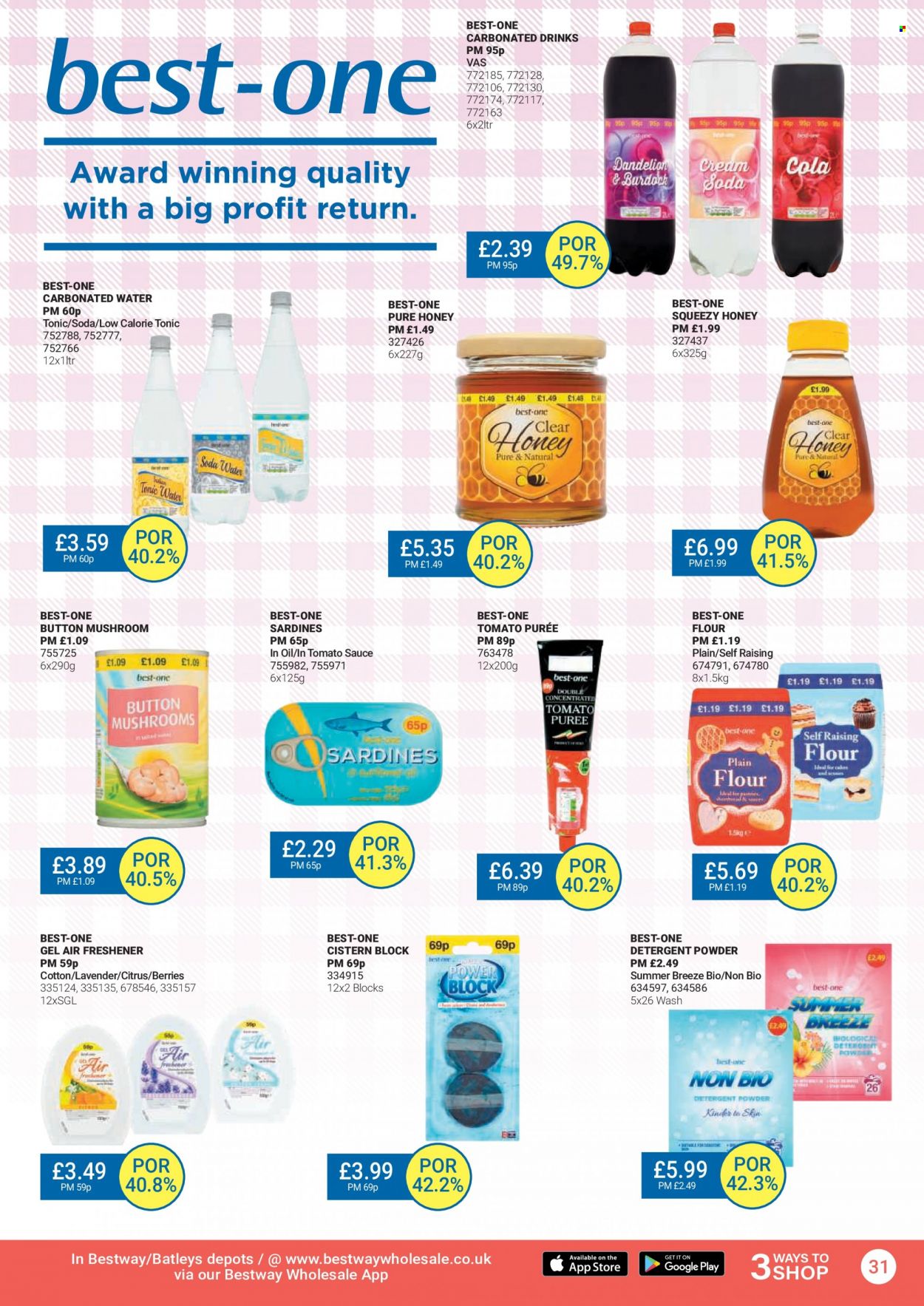 thumbnail - Bestway offer  - 29/04/2022 - 26/05/2022 - Sales products - mushrooms, sardines, flour, tomato puree, honey, tonic, soda, carbonated soft drink, detergent, laundry powder, air freshener. Page 31.