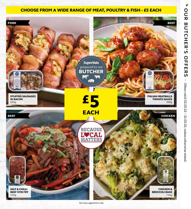 thumbnail - SuperValu offer  - 03/05/2022 - 21/05/2022 - Sales products - broccoli, fish, meatballs, sauce, bacon, sausage, tomato sauce. Page 3.