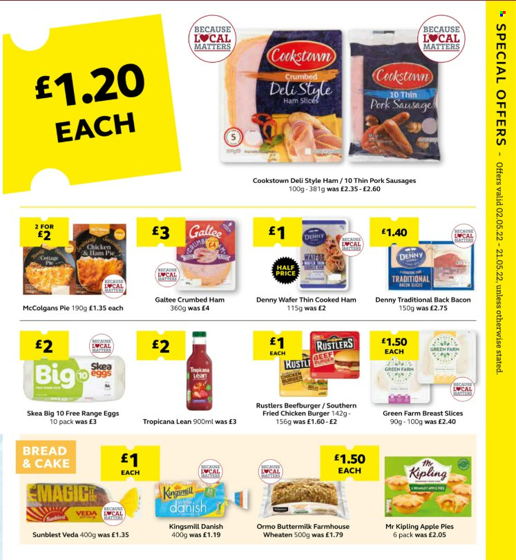 thumbnail - SuperValu offer  - 03/05/2022 - 21/05/2022 - Sales products - hamburger, bread, cake, pie, fried chicken, beef burger, bacon, cooked ham, ham, sausage, eggs, wafers. Page 7.