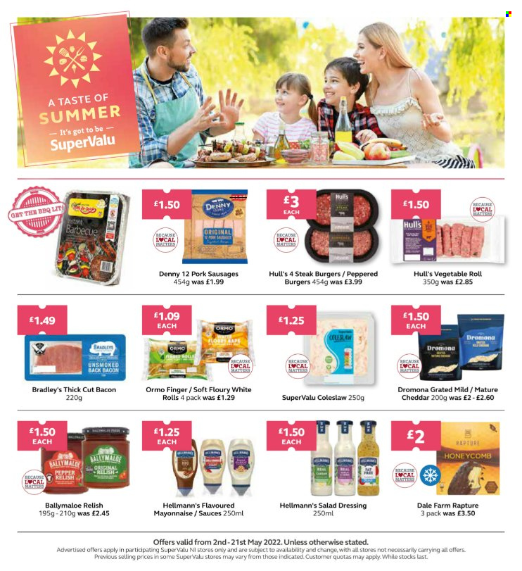 thumbnail - SuperValu offer  - 03/05/2022 - 21/05/2022 - Sales products - steak, hamburger, coleslaw, bacon, sausage, cheddar, mayonnaise, Hellmann’s, salad dressing, dressing. Page 16.
