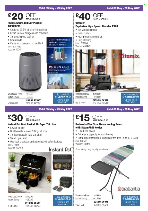 thumbnail - Costco offer  - 09/05/2022 - 29/05/2022 - Sales products - Philips, Brabantia, basket, ironing board, pot, air purifier, blender, air fryer, Instant Pot. Page 3.