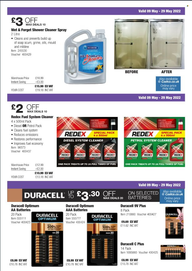 thumbnail - Costco offer  - 09/05/2022 - 29/05/2022 - Sales products - Ron Pelicano, cleaner, soap, Duracell, AAA batteries, aa batteries, tank, Optimum, fuel system cleaner. Page 6.