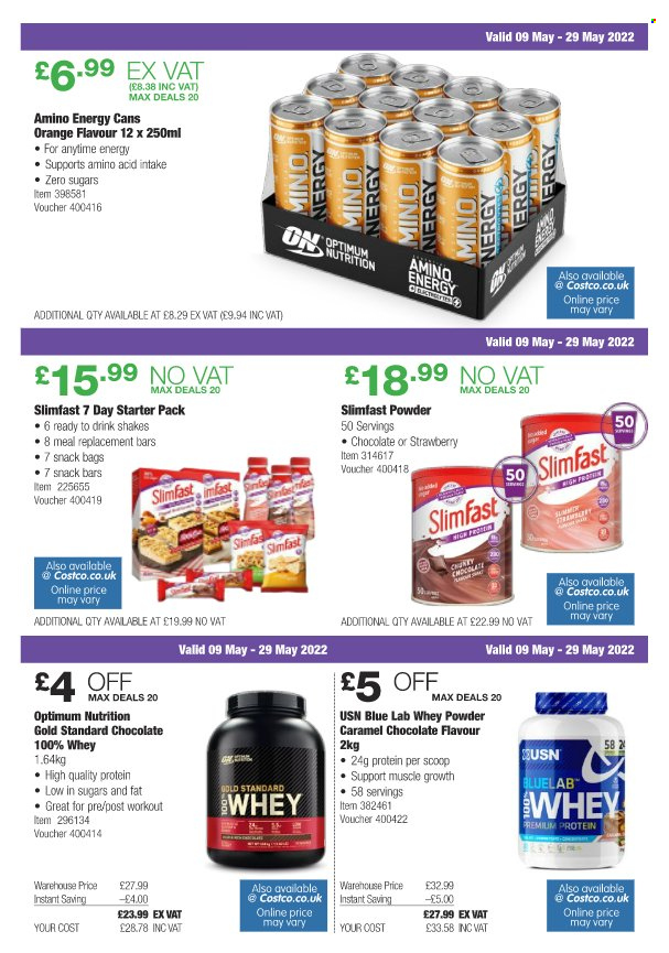thumbnail - Costco offer  - 09/05/2022 - 29/05/2022 - Sales products - oranges, Slimfast, shake, chocolate, snack bar, caramel, bag, Optimum. Page 17.