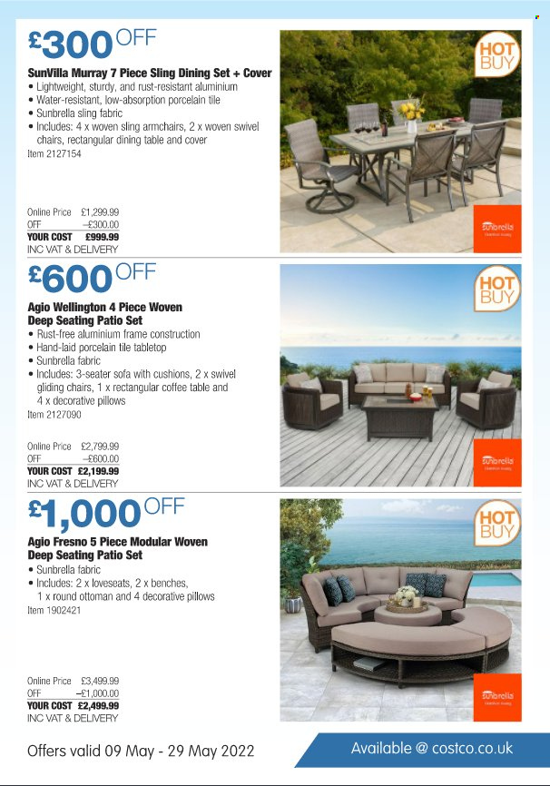 thumbnail - Costco offer  - 09/05/2022 - 29/05/2022 - Sales products - dining set, dining table, table, chair, arm chair, sofa, coffee table, ottoman, cushion, pillow. Page 19.