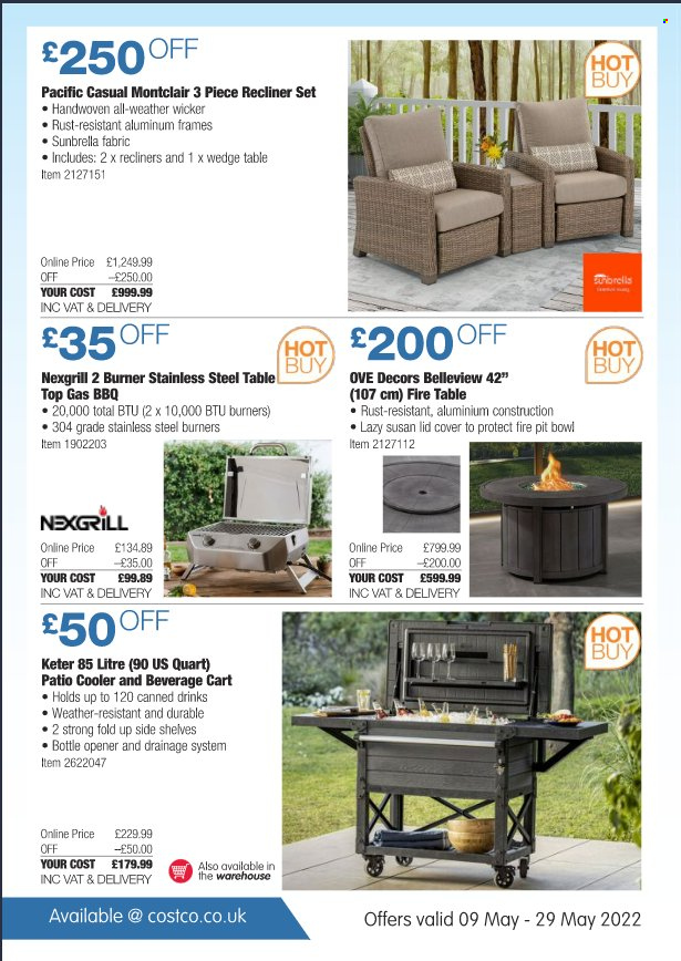 thumbnail - Costco offer  - 09/05/2022 - 29/05/2022 - Sales products - table, recliner chair, lid, bottle opener, bowl, fire bowl, cart. Page 20.
