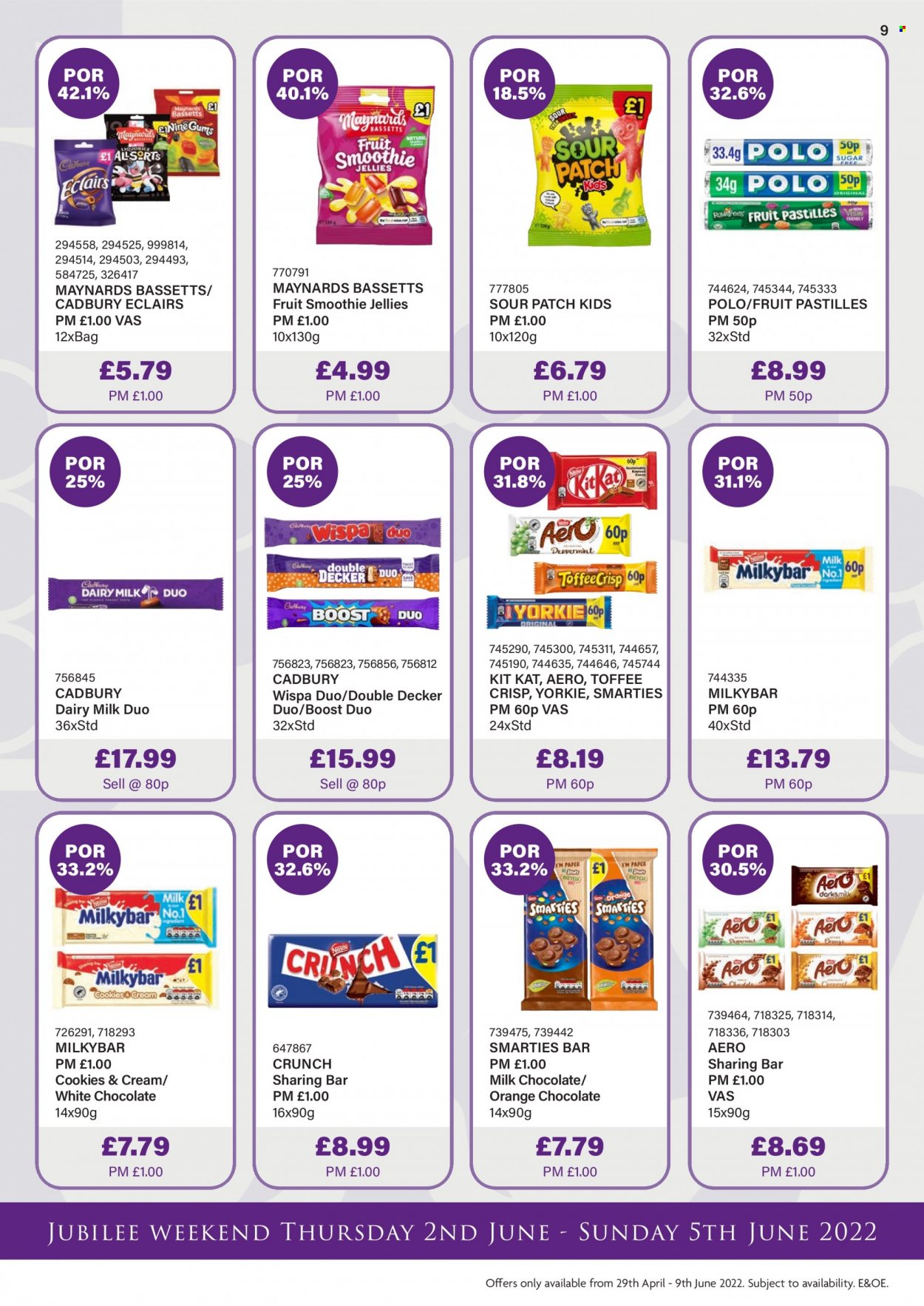thumbnail - Bestway offer  - 29/04/2022 - 09/06/2022 - Sales products - oranges, cookies, milk chocolate, white chocolate, chocolate, Smarties, Cadbury, KitKat, toffee, milky bar, pastilles, Dairy Milk, sour patch, sugar, smoothie, Boost, paper. Page 9.