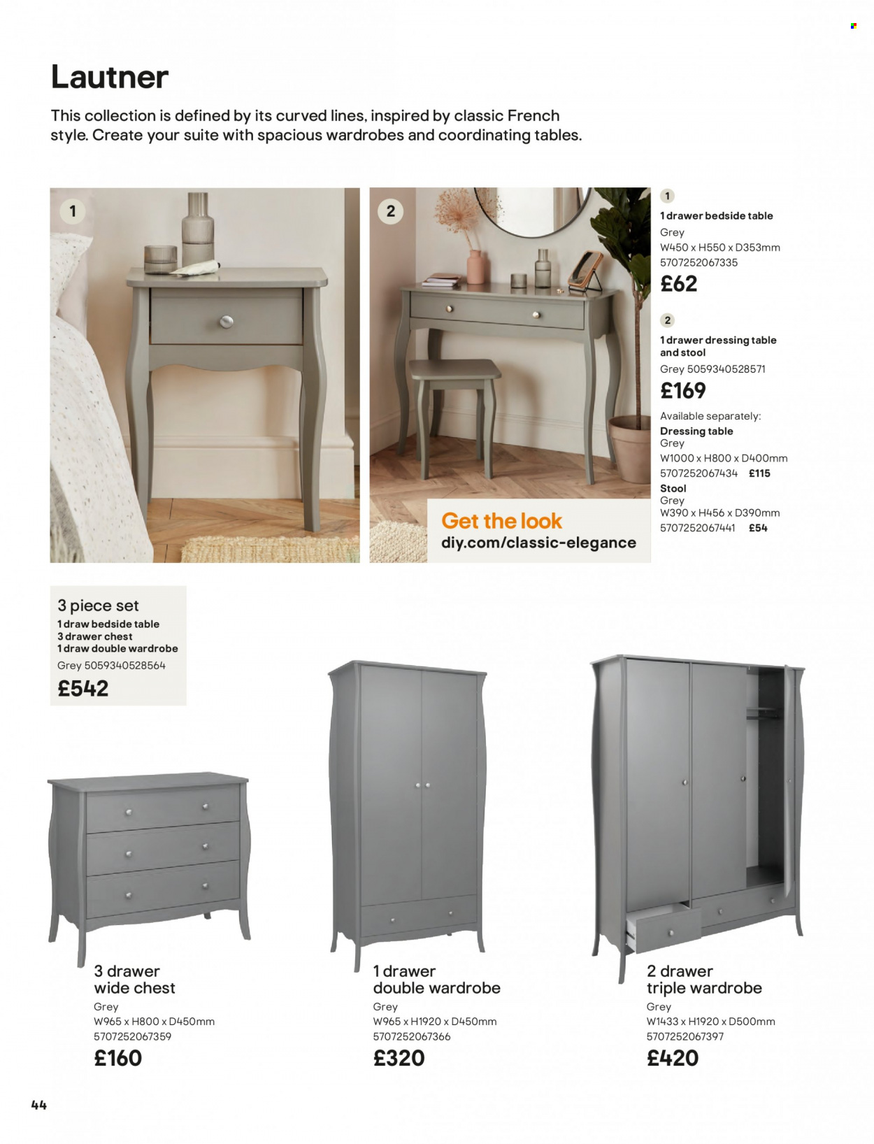 thumbnail - B&Q offer  - Sales products - table, stool, wardrobes, wardrobe, bedside table, dressing table. Page 44.