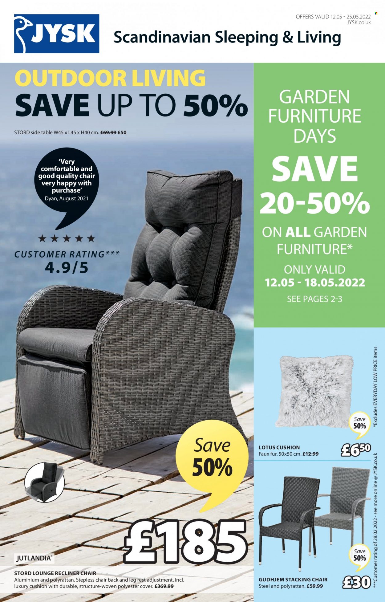 thumbnail - JYSK offer  - 12/05/2022 - 25/05/2022 - Sales products - table, chair, recliner chair, lounge, sidetable, garden furniture, Lotus, cushion. Page 1.