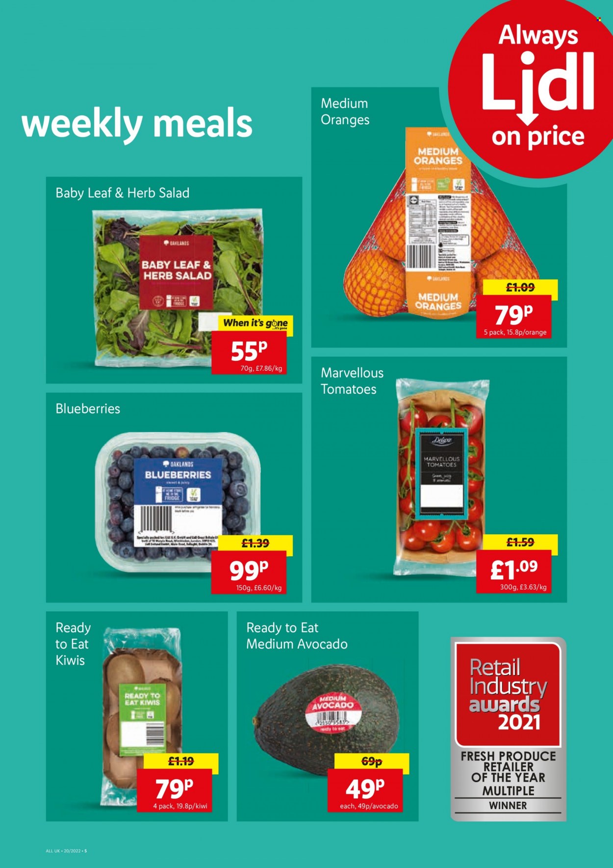 thumbnail - Lidl offer  - 19/05/2022 - 25/05/2022 - Sales products - tomatoes, salad, avocado, blueberries, kiwi, oranges. Page 5.