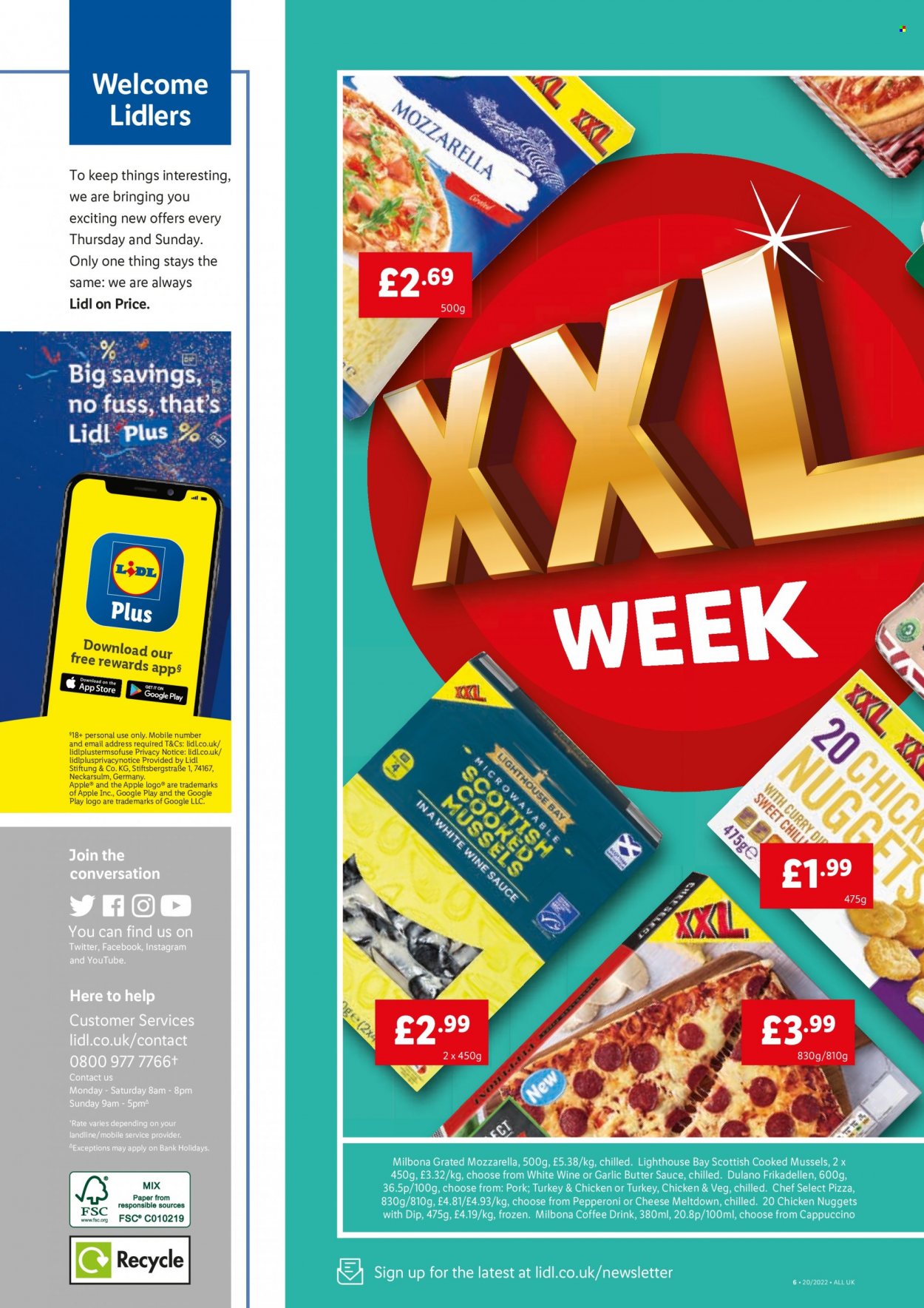 thumbnail - Lidl offer  - 19/05/2022 - 25/05/2022 - Sales products - mussels, pizza, nuggets, chicken nuggets, pepperoni, butter, dip, tea, coffee, white wine. Page 6.
