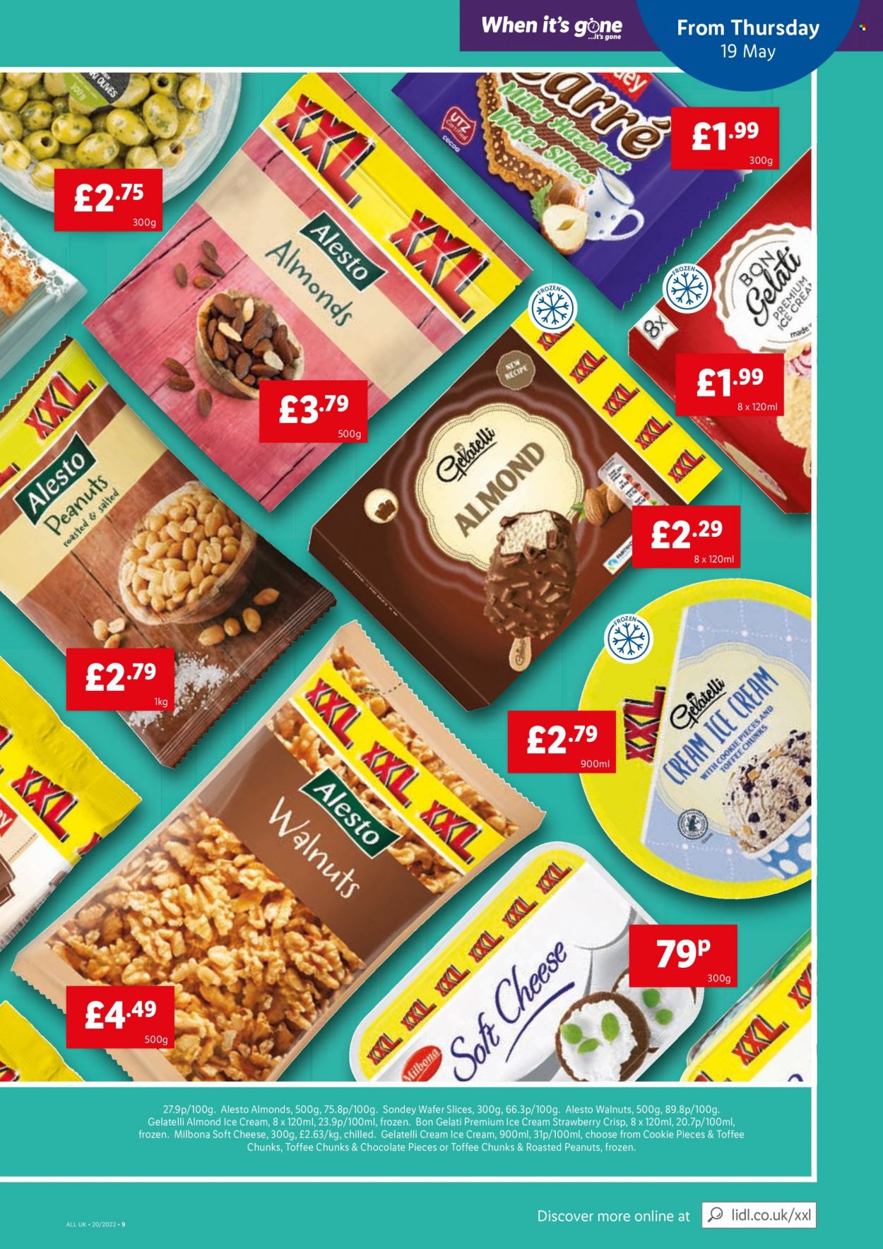 thumbnail - Lidl offer  - 19/05/2022 - 25/05/2022 - Sales products - soft cheese, cheese, ice cream, wafers, cocoa, olives, almonds, roasted peanuts, walnuts, peanuts. Page 9.