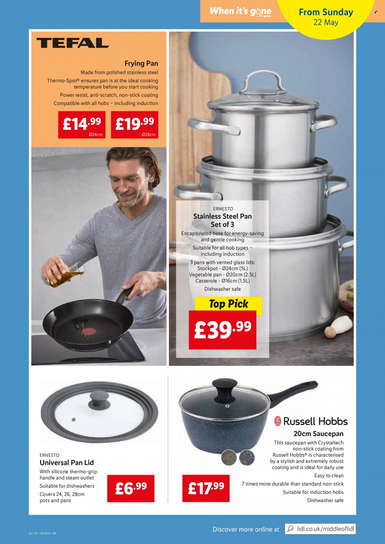 thumbnail - Lidl offer  - 19/05/2022 - 25/05/2022 - Sales products - Tefal, stockpot, Ernesto, lid, pot, pan, saucepan, casserole, Russell Hobbs. Page 21.