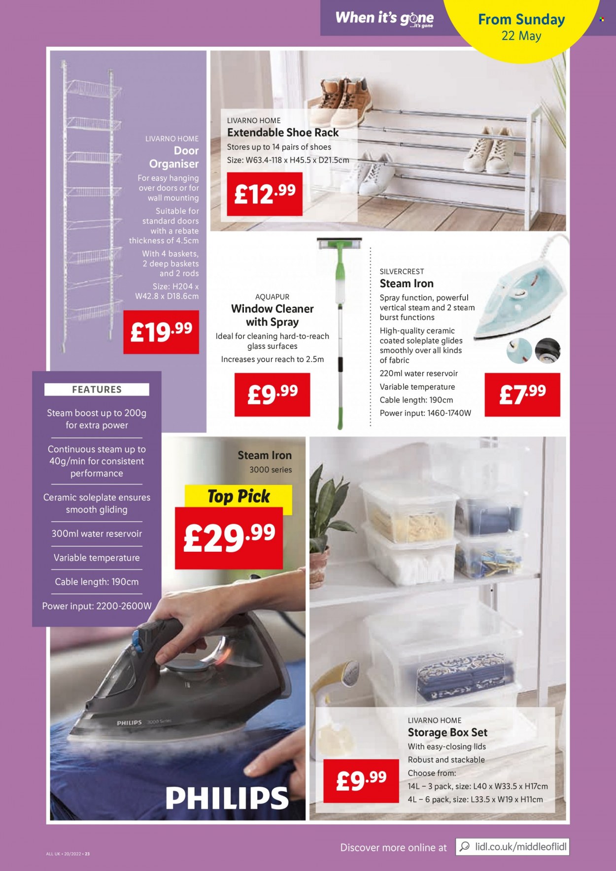 thumbnail - Lidl offer  - 19/05/2022 - 25/05/2022 - Sales products - storage box, shoe rack, Philips, SilverCrest, Boost, cleaner, basket, iron, steam iron. Page 23.