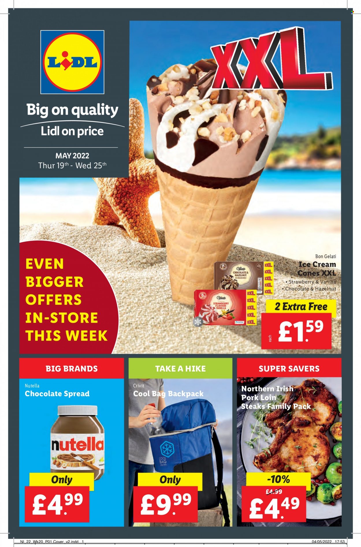 thumbnail - Lidl offer  - 19/05/2022 - 25/05/2022 - Sales products - Crivit, steak, pork loin, pork meat, ice cream, Nutella, bag, backpack. Page 1.