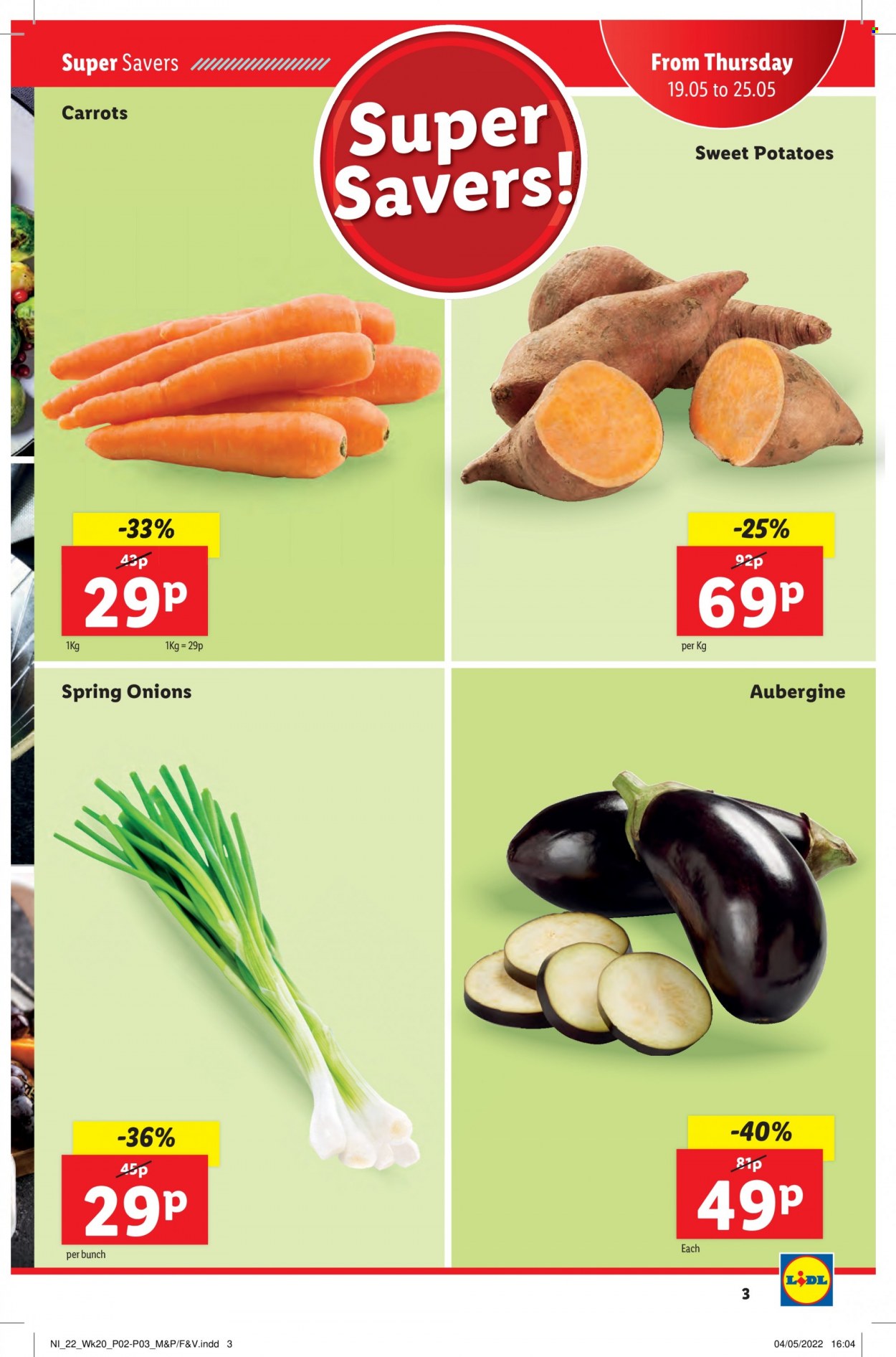 thumbnail - Lidl offer  - 19/05/2022 - 25/05/2022 - Sales products - carrots, eggplant, sweet potato, potatoes, onion, green onion. Page 3.