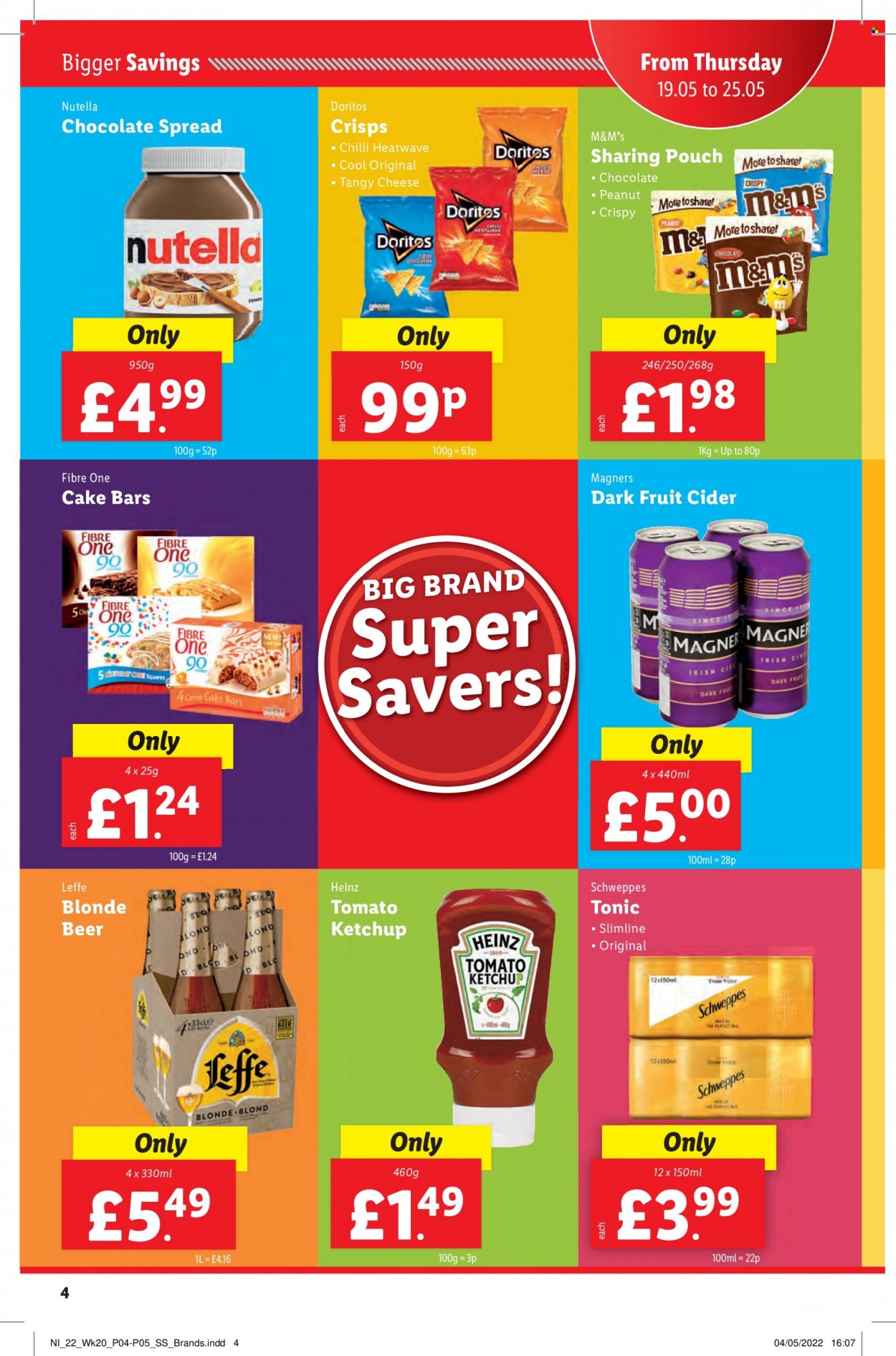 thumbnail - Lidl offer  - 19/05/2022 - 25/05/2022 - Sales products - beer, pears, cake, cheese, Nutella, M&M's, Doritos, Heinz, ketchup, Schweppes, tonic, cider. Page 4.