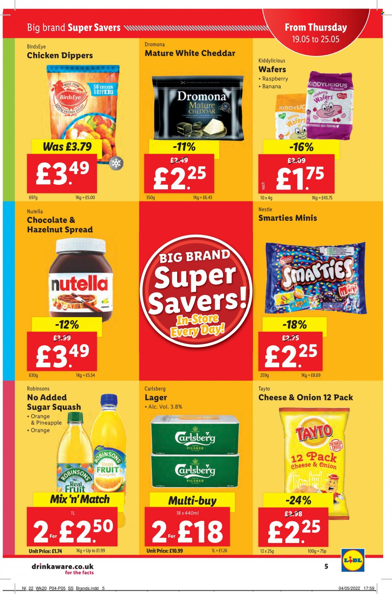 thumbnail - Lidl offer  - 19/05/2022 - 25/05/2022 - Sales products - beer, Carlsberg, Lager, pineapple, oranges, chicken, Bird's Eye, cheddar, chicken dippers, Nestlé, wafers, Nutella, chocolate, Smarties, fruit mix, Tayto, sugar, hazelnut spread. Page 5.