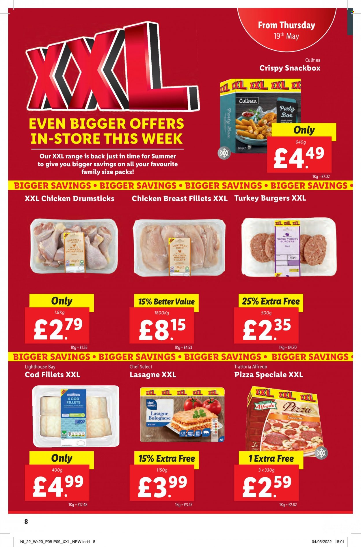 thumbnail - Lidl offer  - 19/05/2022 - 25/05/2022 - Sales products - chicken breasts, chicken drumsticks, chicken, hamburger, turkey burger, cod, pizza, lasagna meal. Page 8.