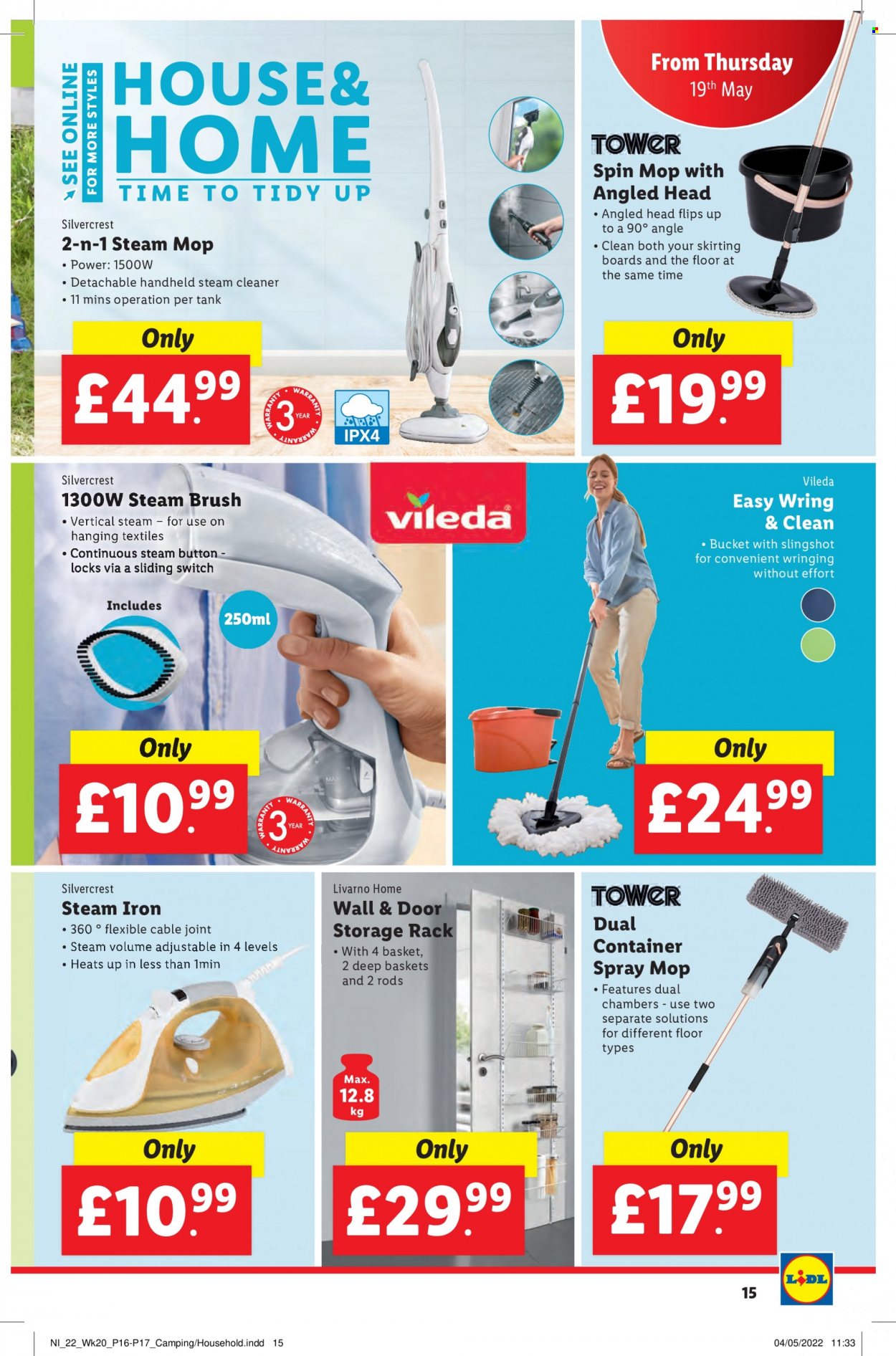 thumbnail - Lidl offer  - 19/05/2022 - 25/05/2022 - Sales products - container, SilverCrest, switch, cleaner, basket, Vileda, spin mop, mop, tank, iron, steam iron, steam cleaner. Page 15.