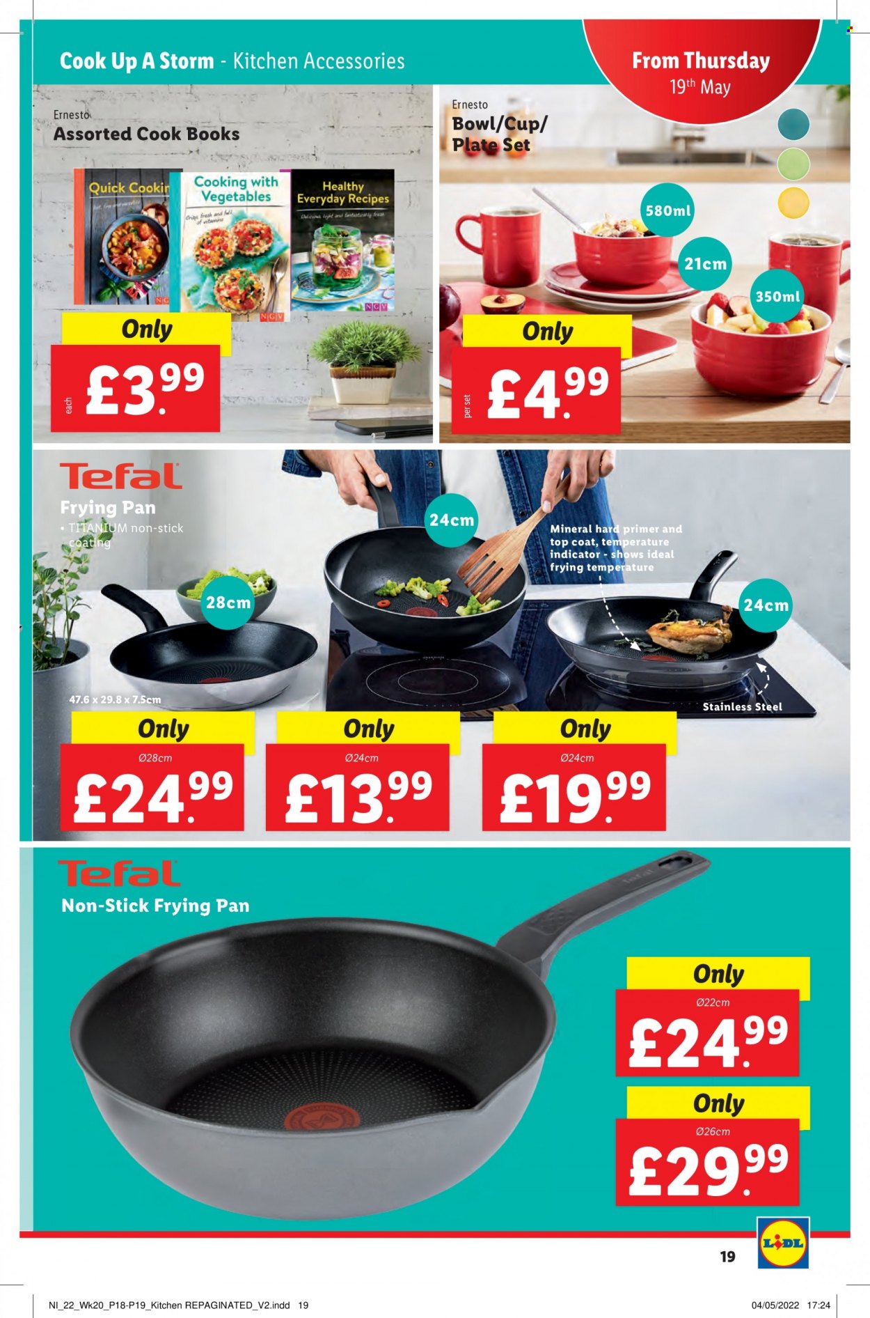 thumbnail - Lidl offer  - 19/05/2022 - 25/05/2022 - Sales products - Tefal, top coat, Ernesto, plate, pan, cup, bowl, book, coat. Page 19.