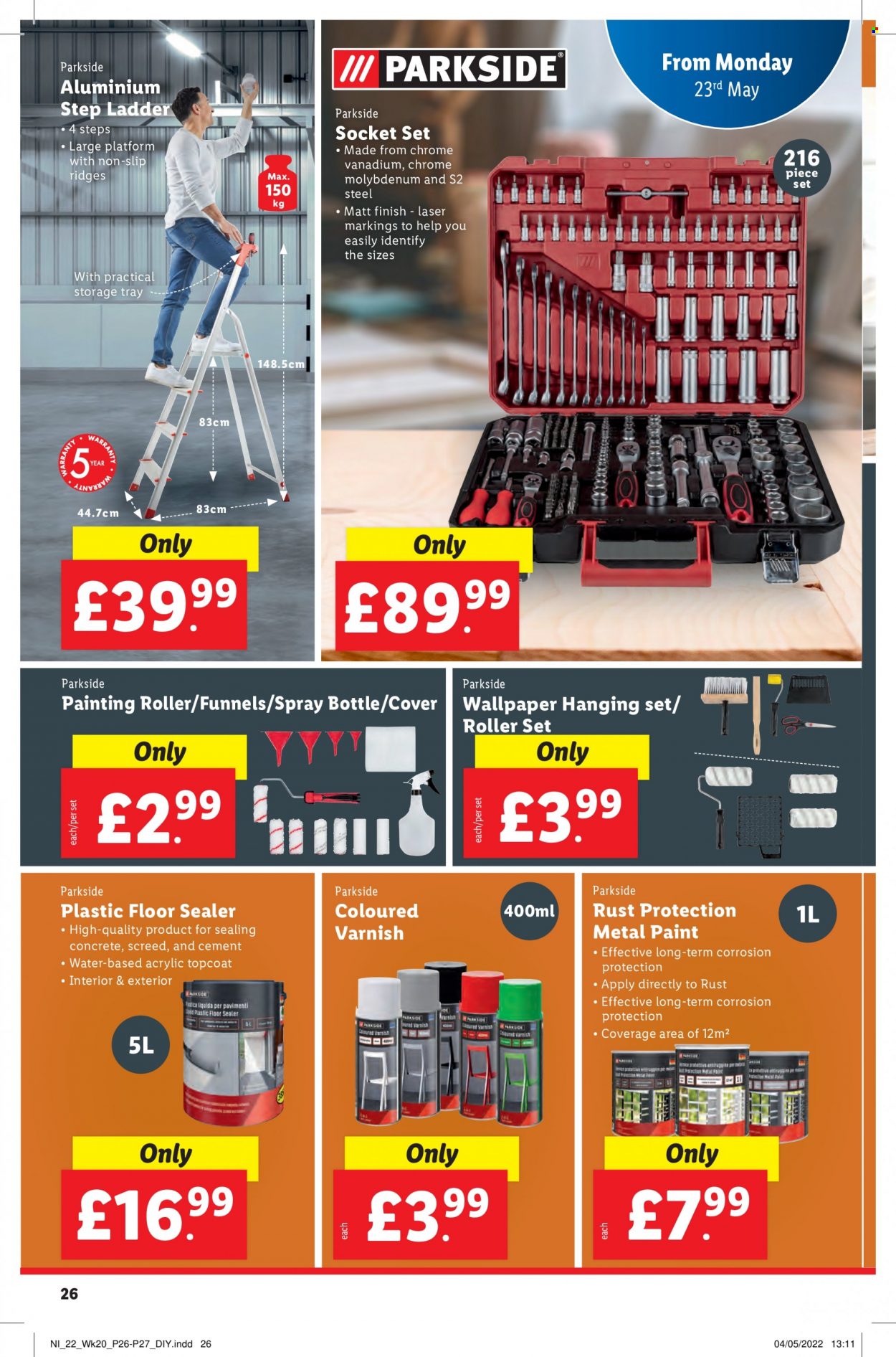 thumbnail - Lidl offer  - 19/05/2022 - 25/05/2022 - Sales products - tray, roller, ladder, Parkside, socket, socket set. Page 26.