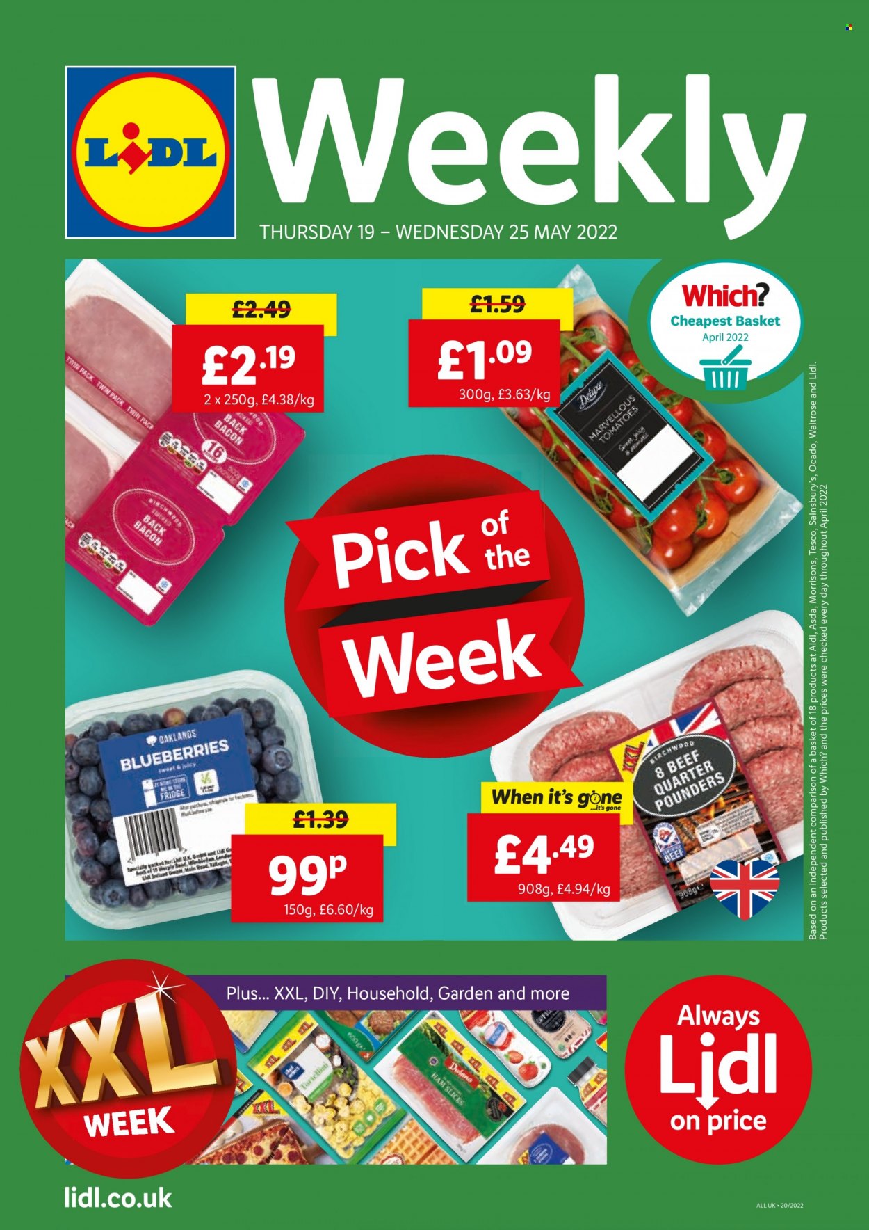 thumbnail - Lidl offer  - 19/05/2022 - 25/05/2022 - Sales products - blueberries, bacon, ham, basket. Page 1.