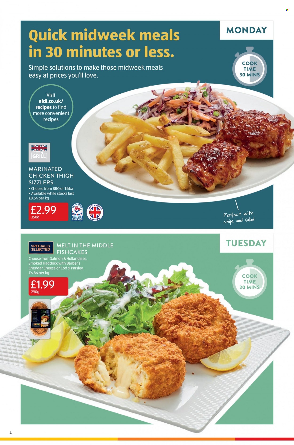thumbnail - Aldi offer  - 15/05/2022 - 22/05/2022 - Sales products - parsley, marinated chicken, cod, salmon, haddock, fish cake, chips. Page 4.