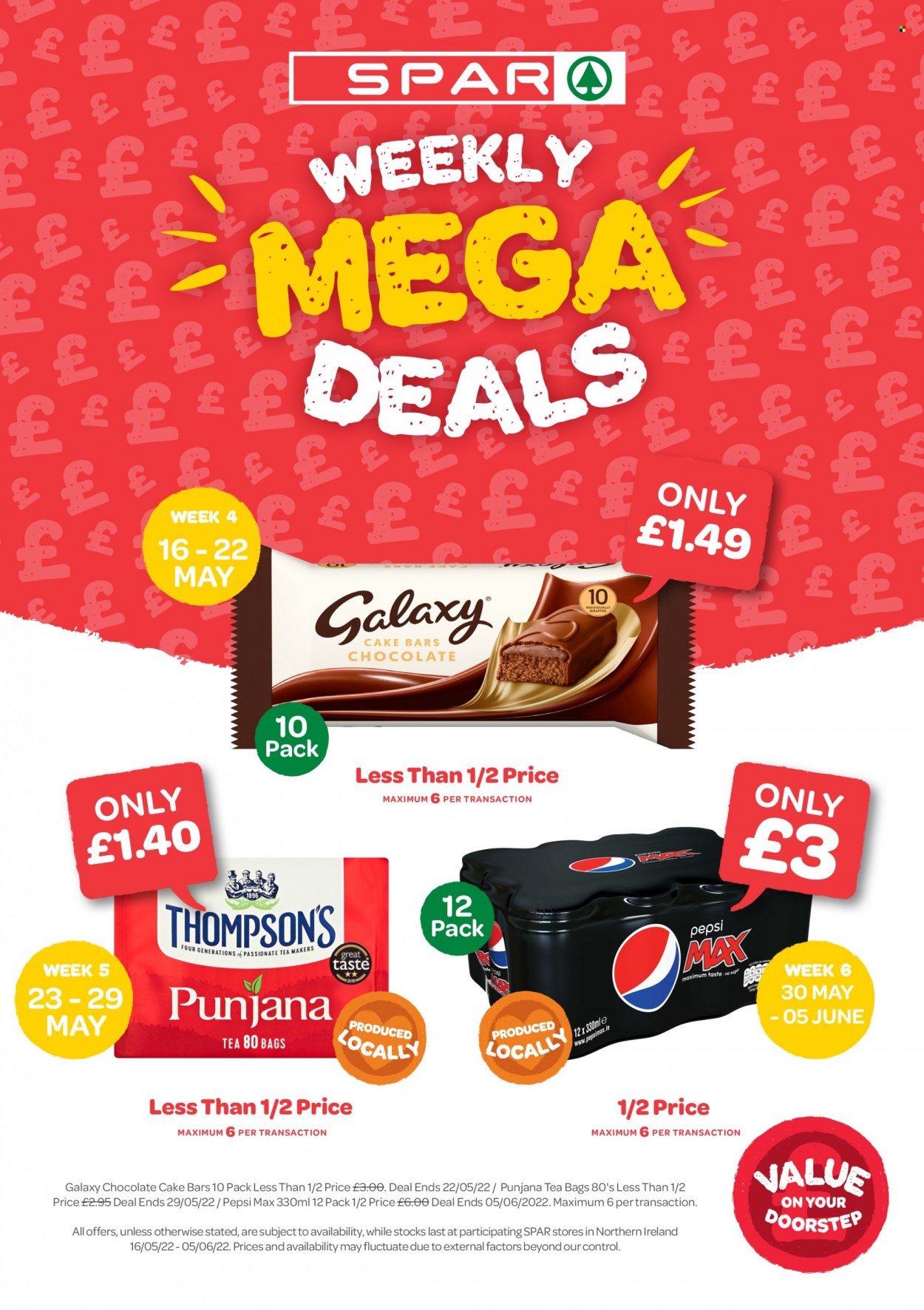 thumbnail - SPAR offer  - 16/05/2022 - 05/06/2022 - Sales products - bars, Pepsi, Pepsi Max, soft drink, carbonated soft drink, tea bags, Punjana, Thompson's. Page 1.